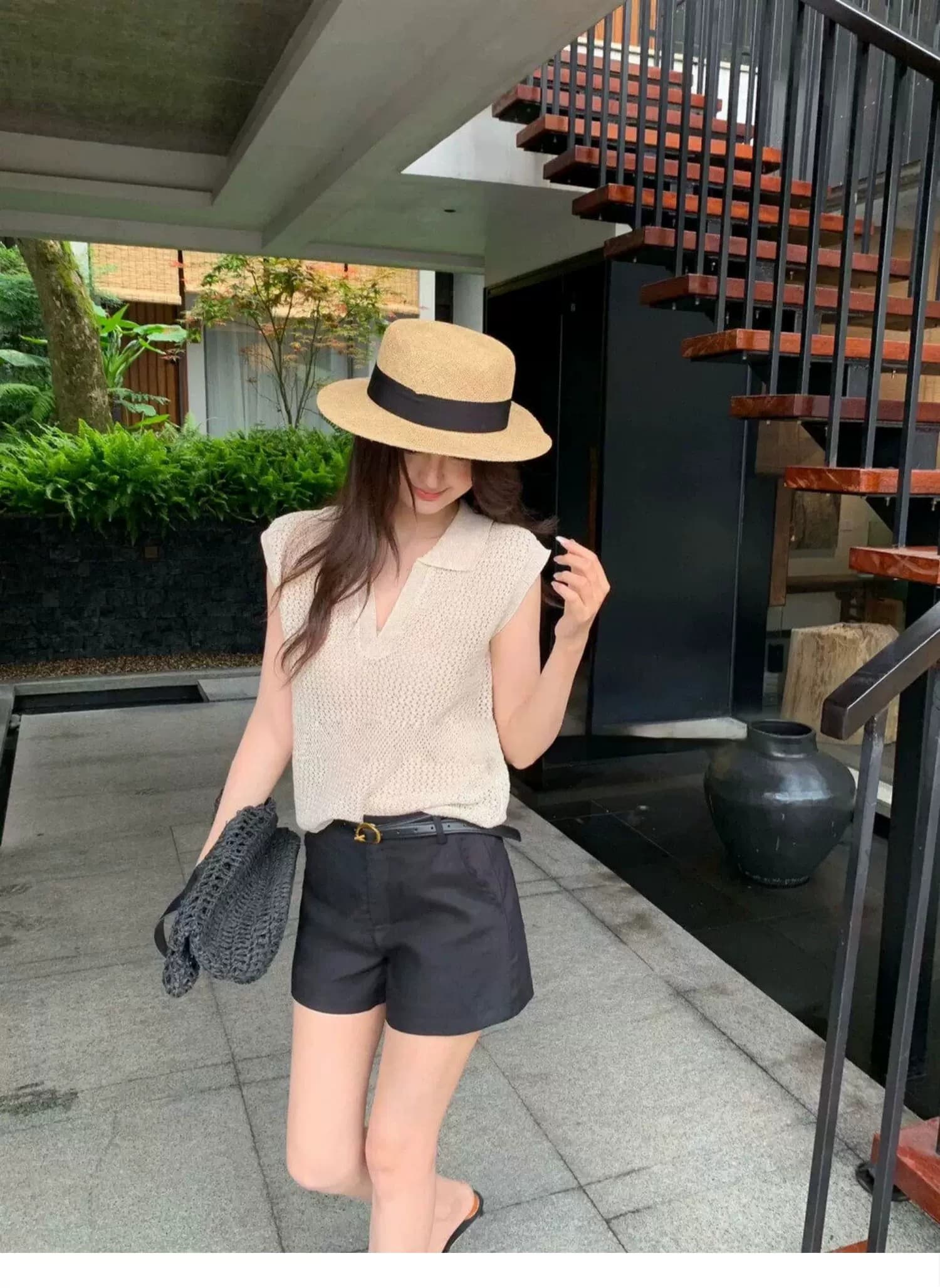 POLO 칼라 홀로우 아웃 조끼 티셔츠 여성 여름 오래된 돈 바람 느긋한 루즈핏 캐주얼 미니멀리즘 어깨 V넥 민소매 맨위 상세 이미지 15