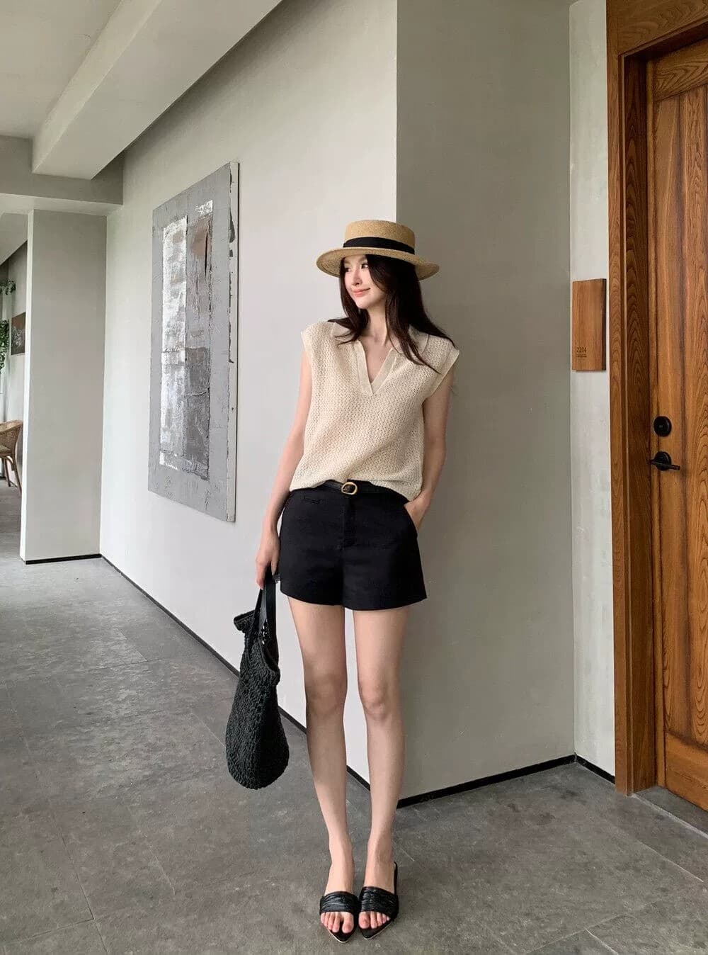 POLO 칼라 홀로우 아웃 조끼 티셔츠 여성 여름 오래된 돈 바람 느긋한 루즈핏 캐주얼 미니멀리즘 어깨 V넥 민소매 맨위 상세 이미지 17