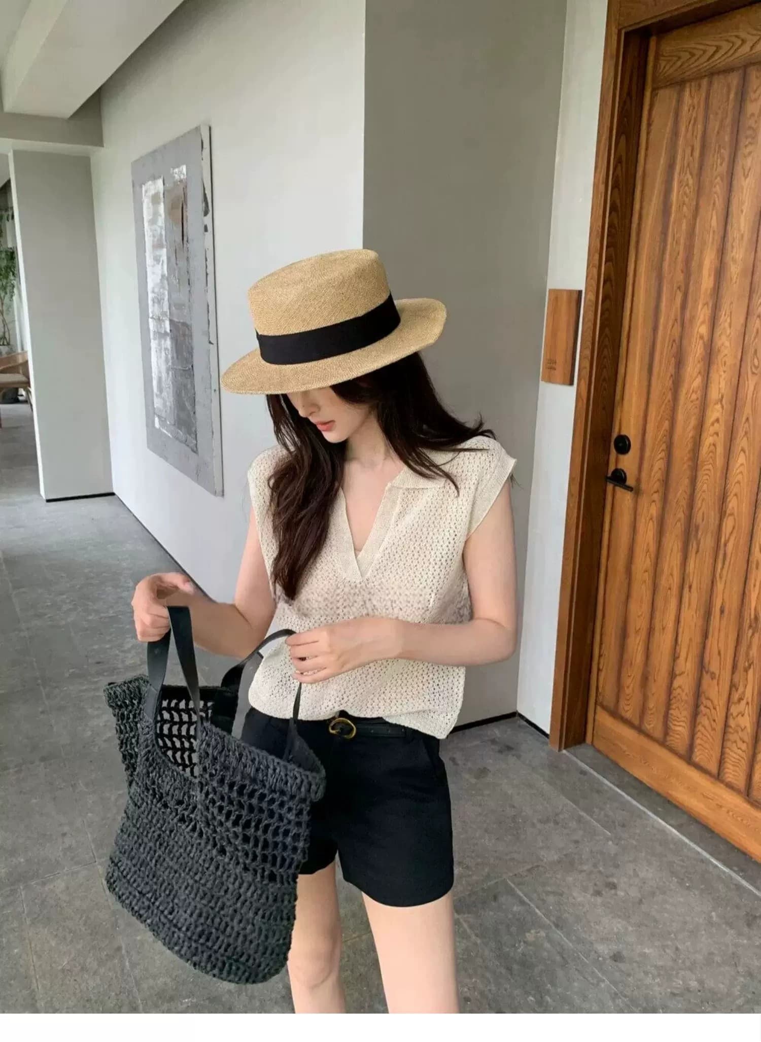 POLO 칼라 홀로우 아웃 조끼 티셔츠 여성 여름 오래된 돈 바람 느긋한 루즈핏 캐주얼 미니멀리즘 어깨 V넥 민소매 맨위 상세 이미지 19