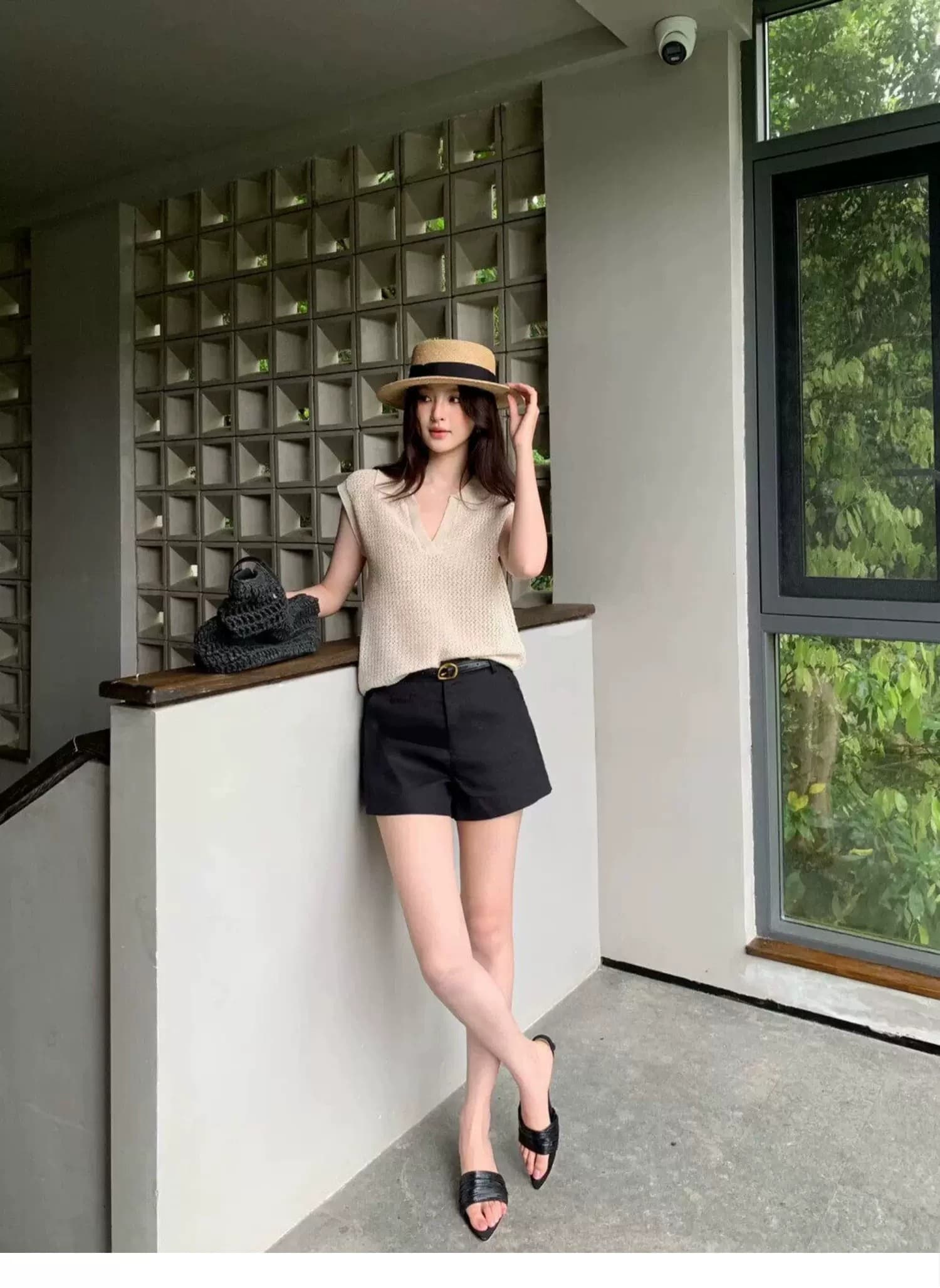POLO 칼라 홀로우 아웃 조끼 티셔츠 여성 여름 오래된 돈 바람 느긋한 루즈핏 캐주얼 미니멀리즘 어깨 V넥 민소매 맨위 상세 이미지 20