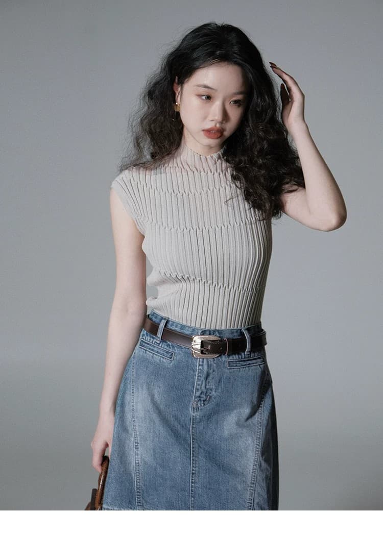 ivy yang 레트로 반하이넥 레이스 구덩이 스트라이프 패키지 어깨 소매 허리 수축 슬림해 보이는 여름 니트 스웨터 여성 상세 이미지 6