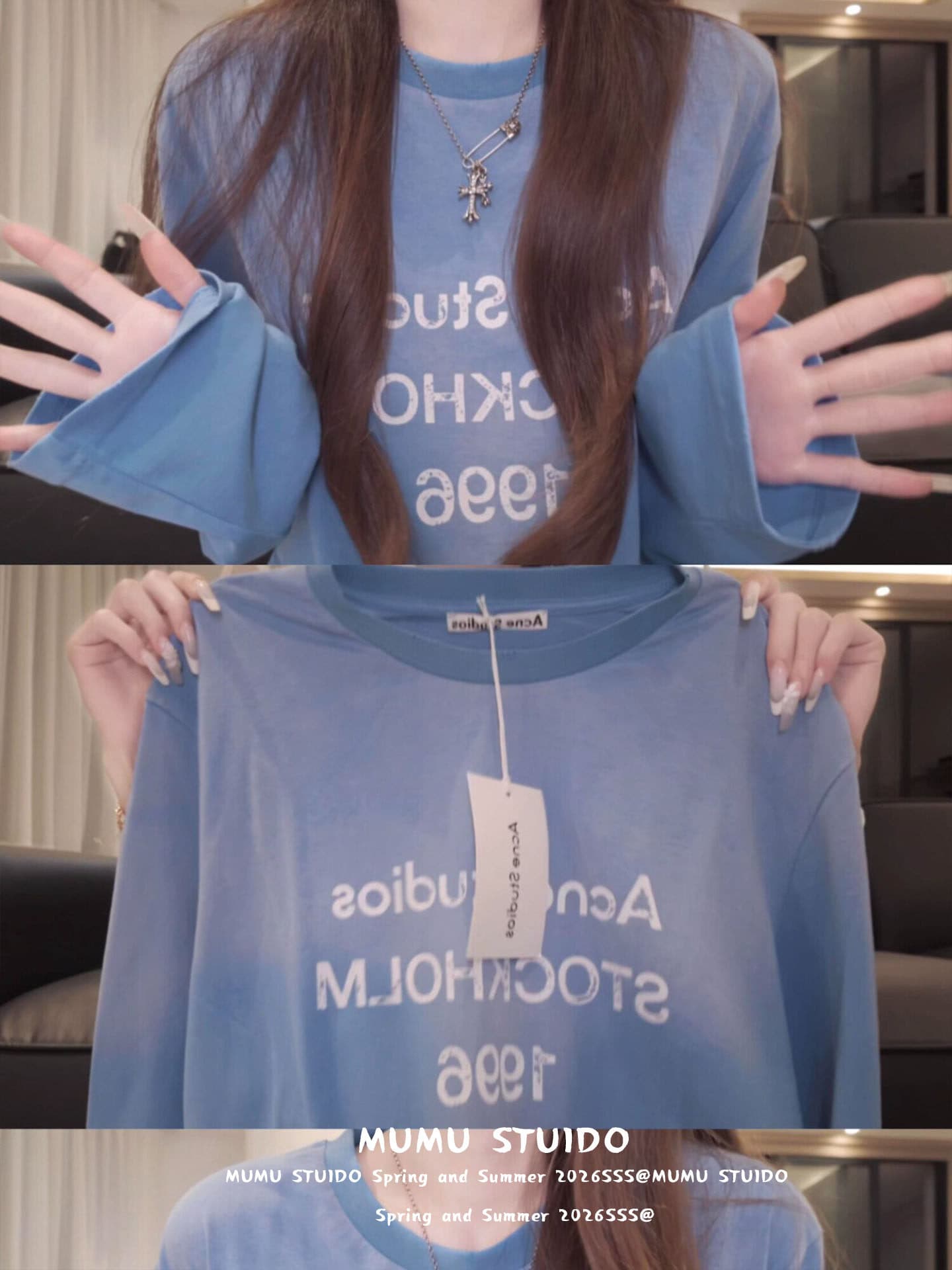 한 부서 느긋한 바람 파란색 알파벳 프린트 긴팔 티셔츠 여성 여름 고유 한 이리저리 떠다니다 번쩍였다 조각 루즈핏 표지 고기 맨위 이미지 3
