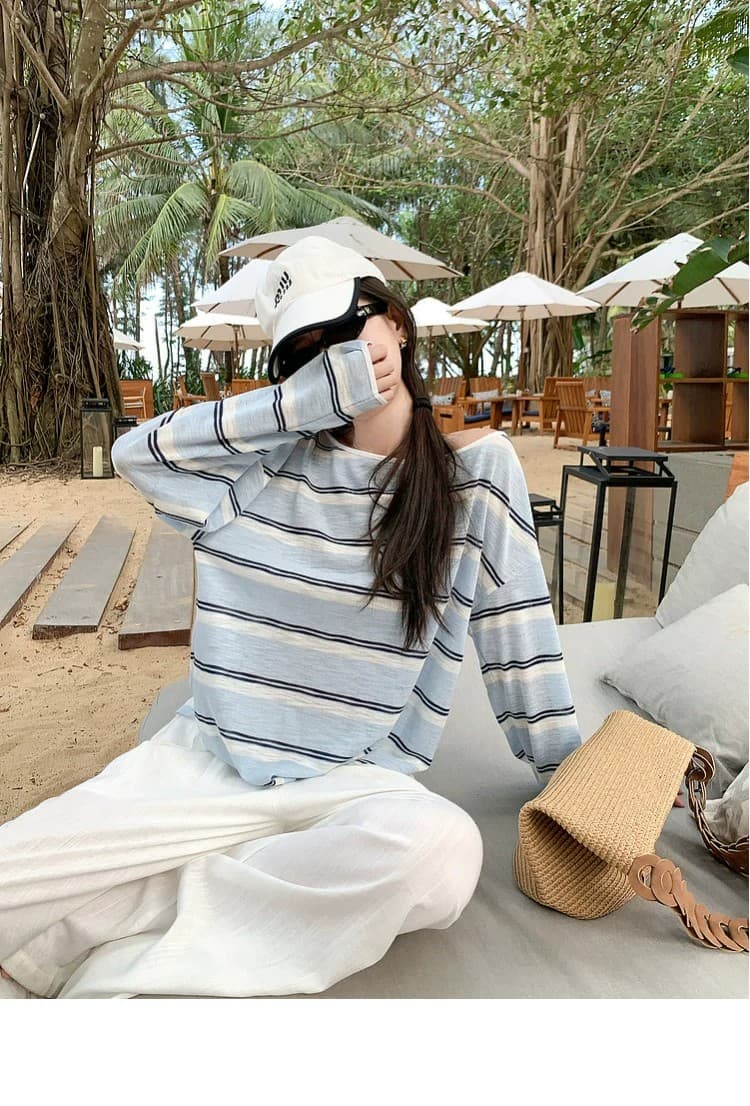 스트라이프 오프숄더 디자인 루즈핏 긴팔 티셔츠 상세 이미지 12