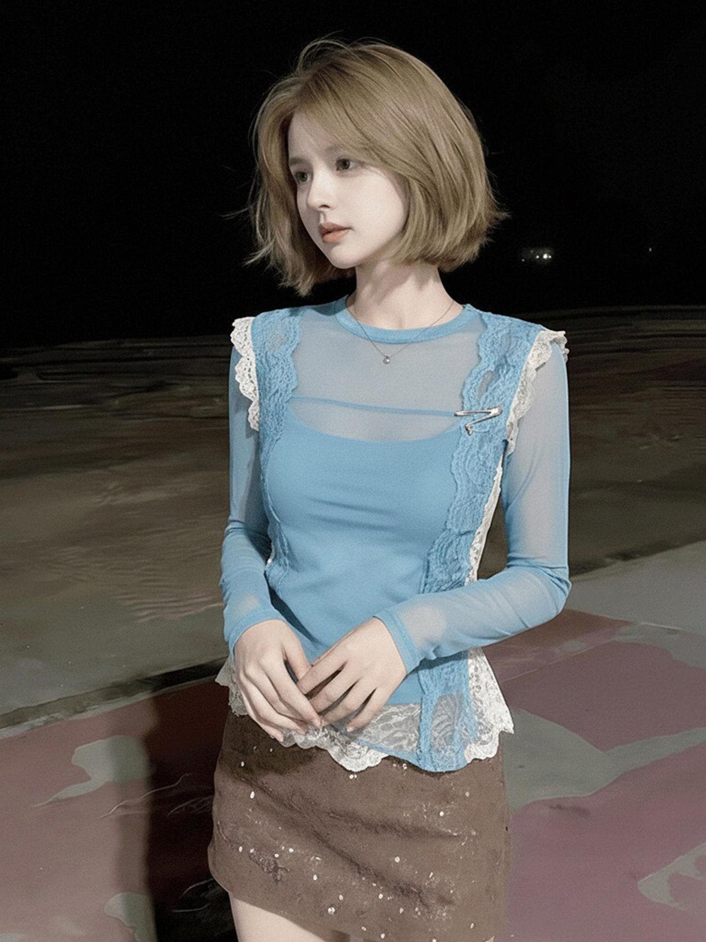 고유 한 아름다운 파란색 레이스 조각 작은 셔츠 여성 의류 여름 블라우스 자외선 차단 긴팔 티셔츠 외국 가스 고귀한 맨위 상세 이미지 2