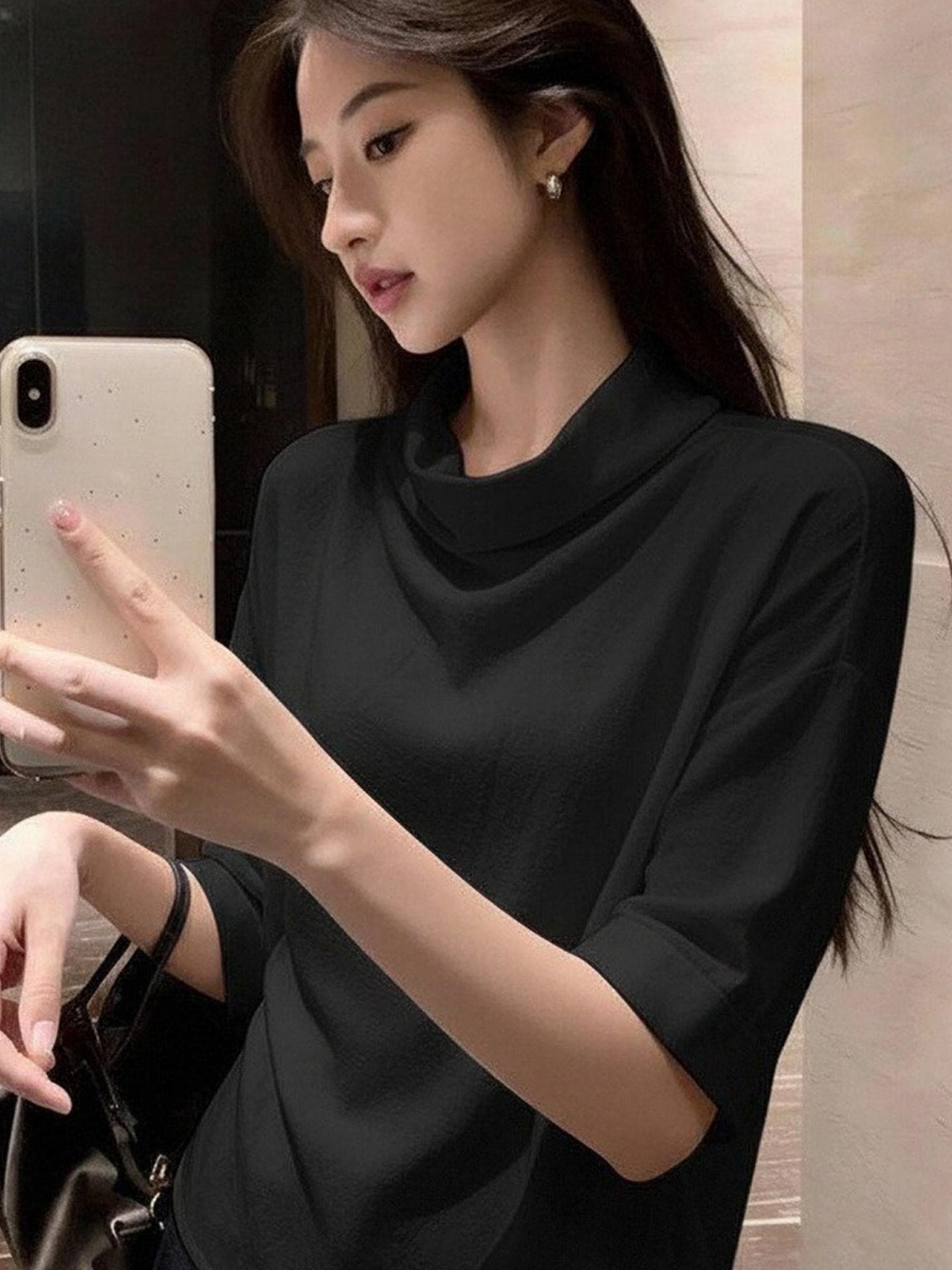 고유 한 Chic 아름다운 반하이넥 작은 셔츠 나가라. 맨위 서비스 여성 의류 여름 외국 가스 고귀한 검정색 반팔 티셔츠 상세 이미지 2