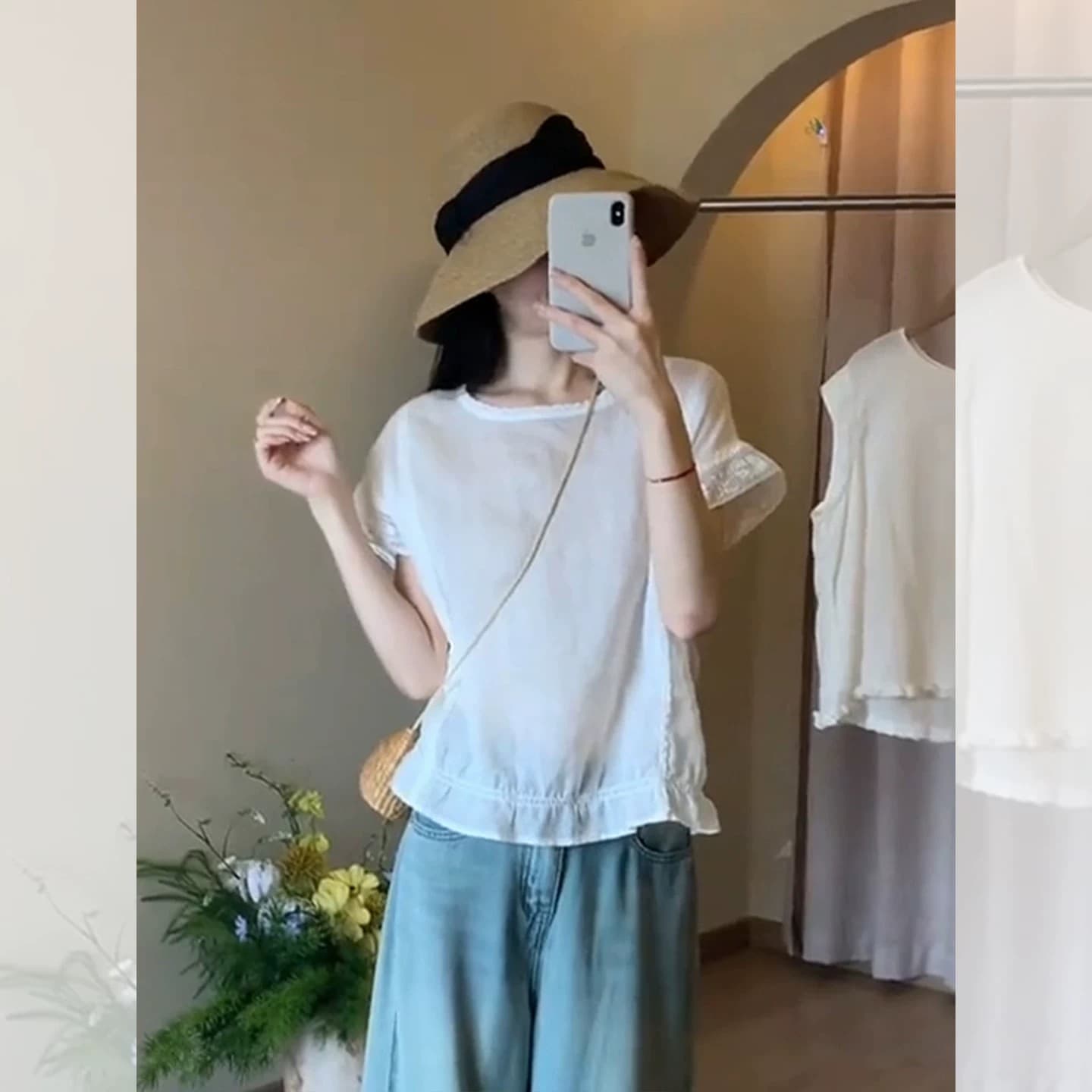 프랑스식 화이트 레이스 조각 작은 날다 소매 반팔 여성 셔츠 여름 2026 Chic 매우 요정 ~ 중 프릴 맨위 이미지 2