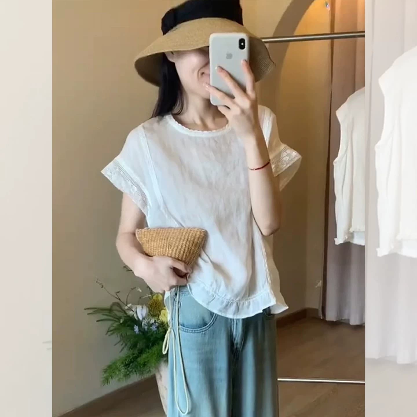 프랑스식 화이트 레이스 조각 작은 날다 소매 반팔 여성 셔츠 여름 2026 Chic 매우 요정 ~ 중 프릴 맨위 이미지 5