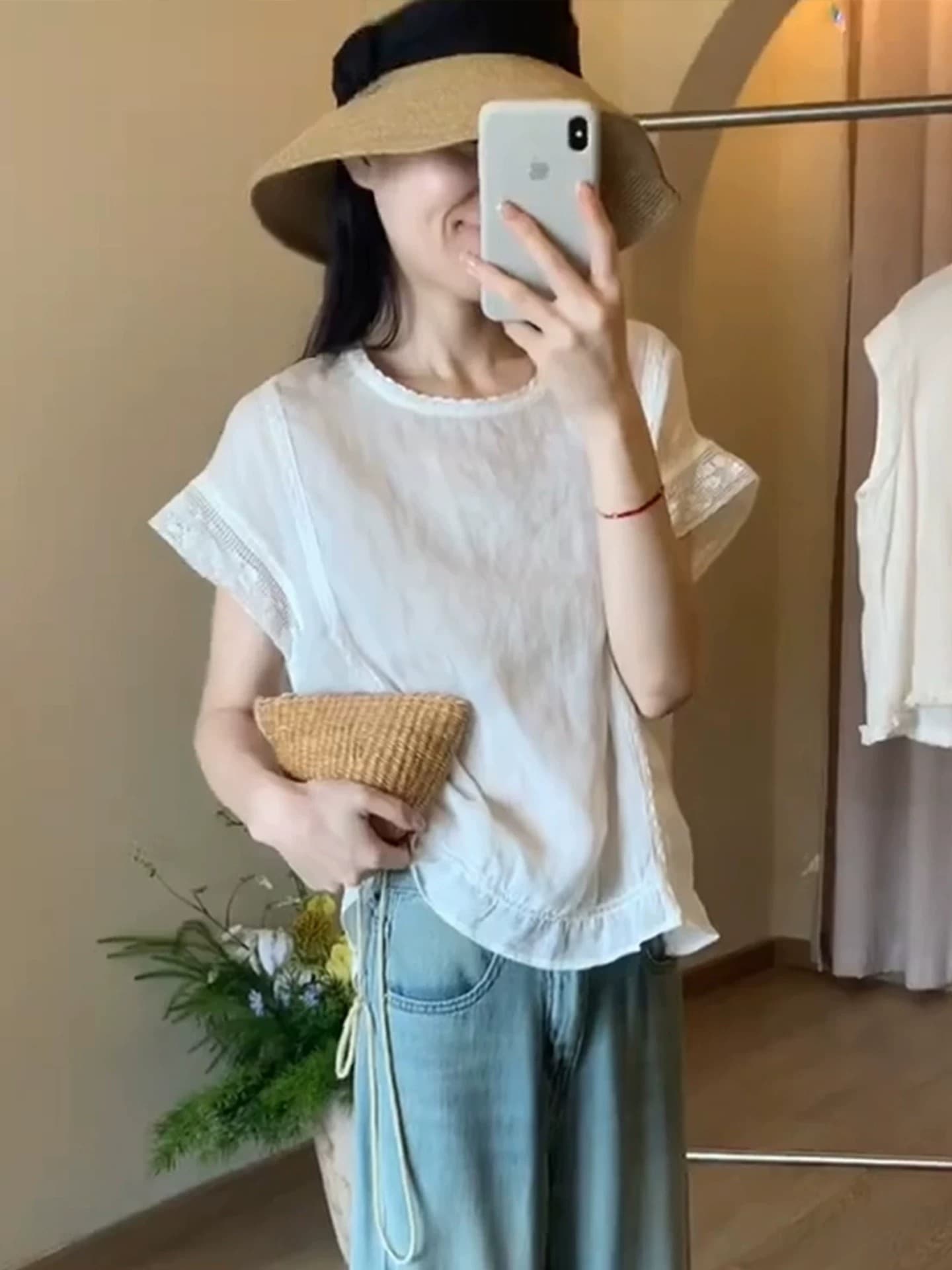 프랑스식 화이트 레이스 조각 작은 날다 소매 반팔 여성 셔츠 여름 2026 Chic 매우 요정 ~ 중 프릴 맨위 상세 이미지 5