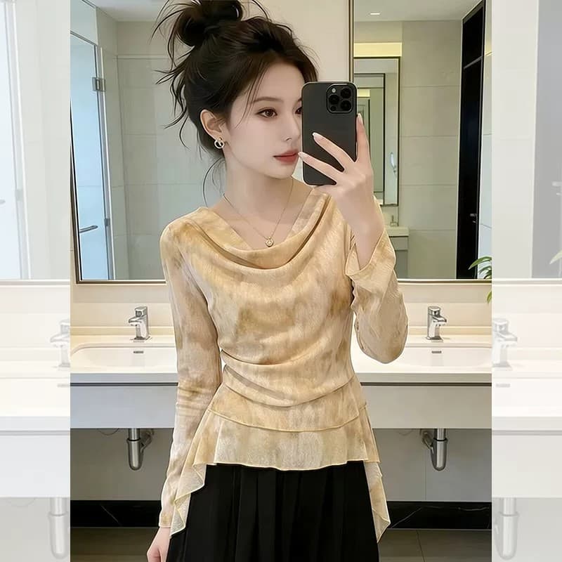 프랑스식 헤일로 염색 흔들다 칼라 긴팔 티셔츠 여성 여름 얇은 스타일 디자인 센스 고유 한 아름다운 자외선 차단 블라우스 품격 맨위 상세 이미지 2