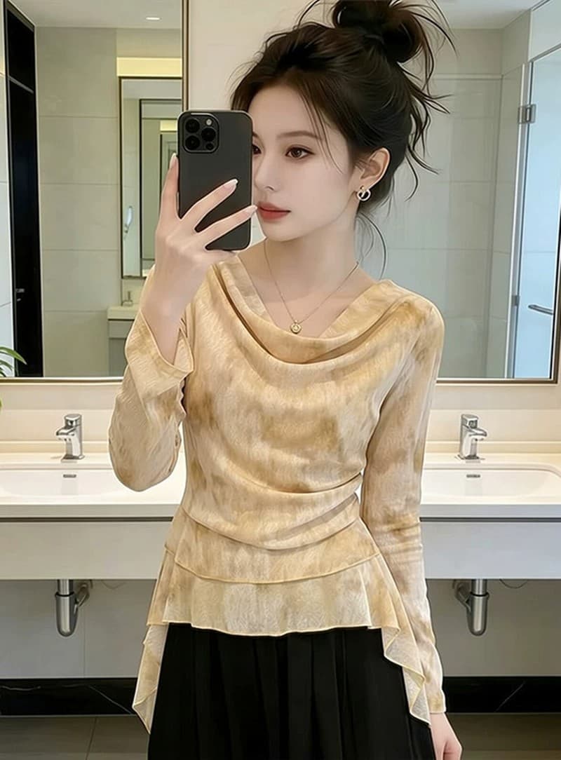 프랑스식 헤일로 염색 흔들다 칼라 긴팔 티셔츠 여성 여름 얇은 스타일 디자인 센스 고유 한 아름다운 자외선 차단 블라우스 품격 맨위 상세 이미지 8