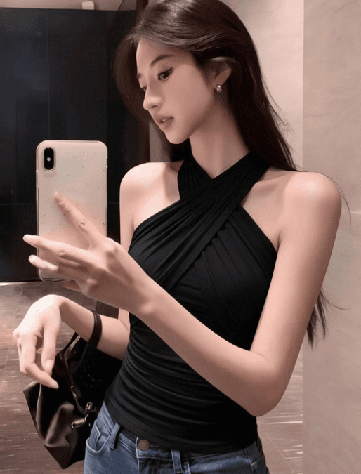 커피 색상 십자가 행침 목 아름다움 뒤로 외출용 조끼 여름 고급 빛 럭셔리 센스 여성 의류 오프숄더 민소매 주름 맨위 서비스 상세 이미지 3