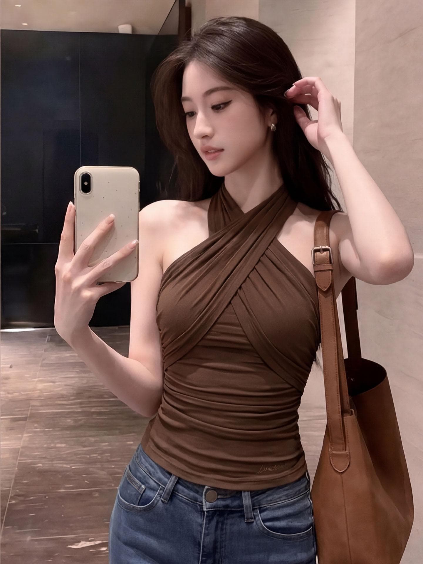 커피 색상 십자가 행침 목 아름다움 뒤로 외출용 조끼 여름 고급 빛 럭셔리 센스 여성 의류 오프숄더 민소매 주름 맨위 서비스 상세 이미지 11