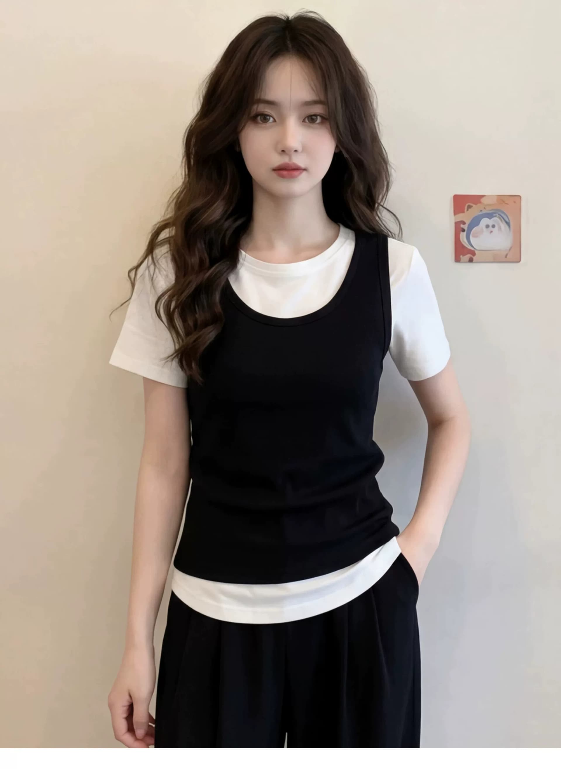 흑인과 백인 패치워크 색상 페이크 레이어드 쇼트 스타일 맨위 여성 여름 고유 한 아름다운 자이언트 잘 생긴 디자인 센스 긍정적 인 어깨 반팔 티셔츠 상세 이미지 5