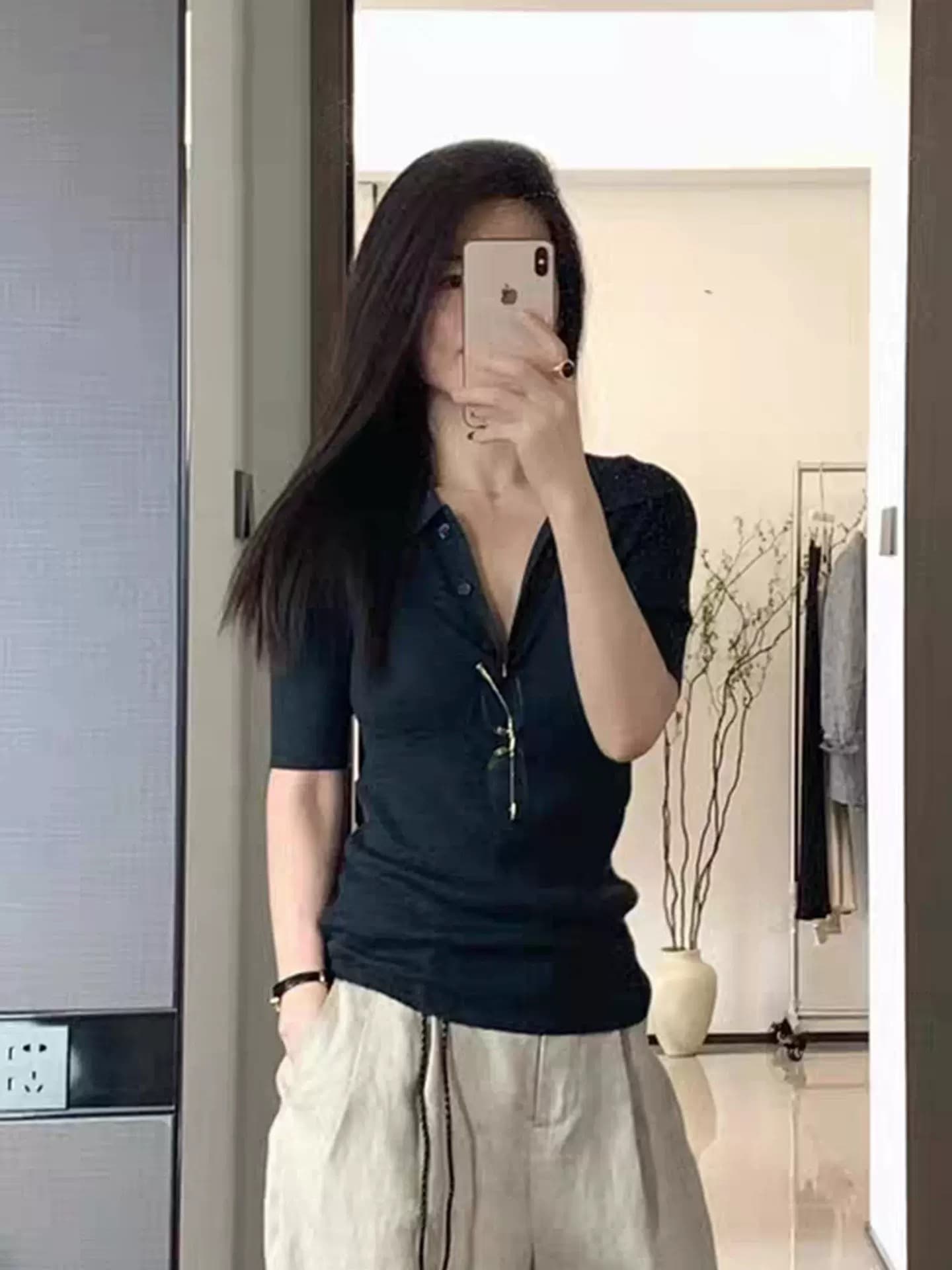 복잡한 고대 돈 바람 커피 색상 POLO 칼라 구덩이 기사 니트 스웨터 티셔츠 여성 여름 캐주얼 다용도 폴로 칼라 반팔 맨위 상세 이미지 10