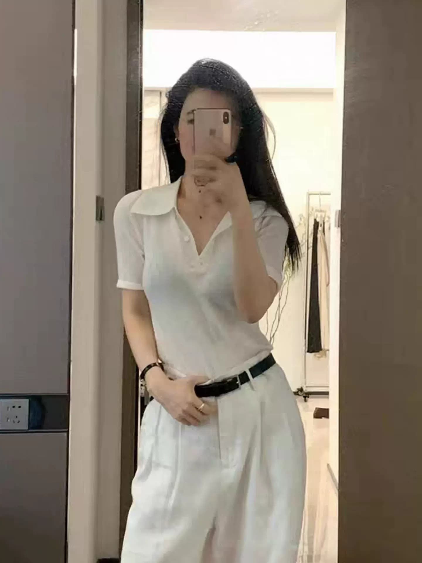 복잡한 고대 돈 바람 커피 색상 POLO 칼라 구덩이 기사 니트 스웨터 티셔츠 여성 여름 캐주얼 다용도 폴로 칼라 반팔 맨위 상세 이미지 13
