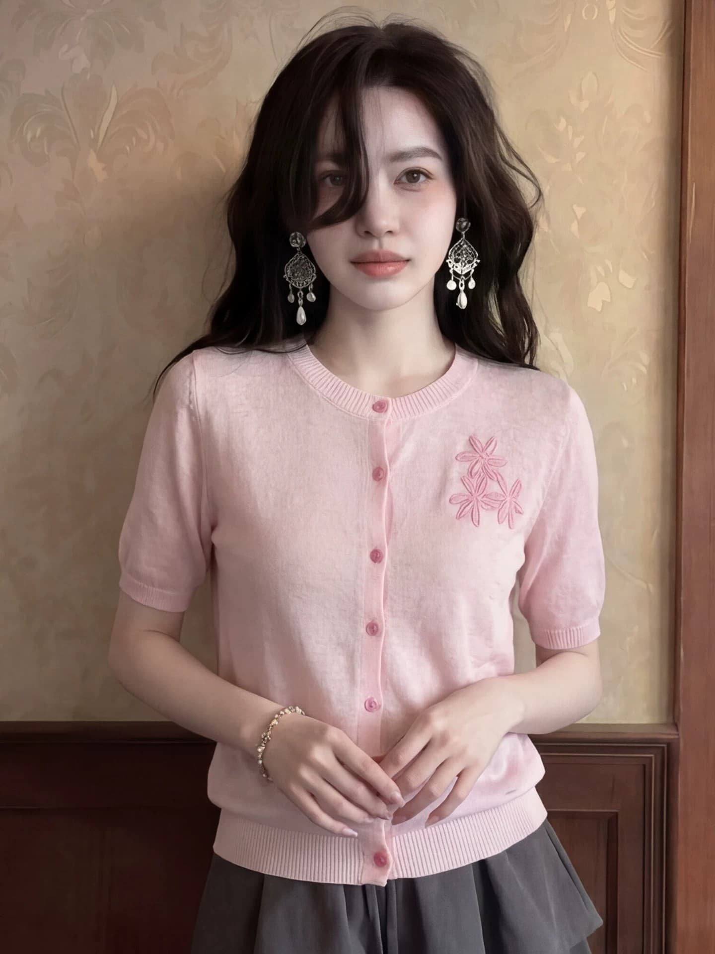 여름 자이언트 잘 생긴 ~ 중 절묘한 디자인 센스 여성 아름다운 핑크색 자카드 니트 긍정적 인 어깨 반팔 티셔츠 맨위 이미지 3