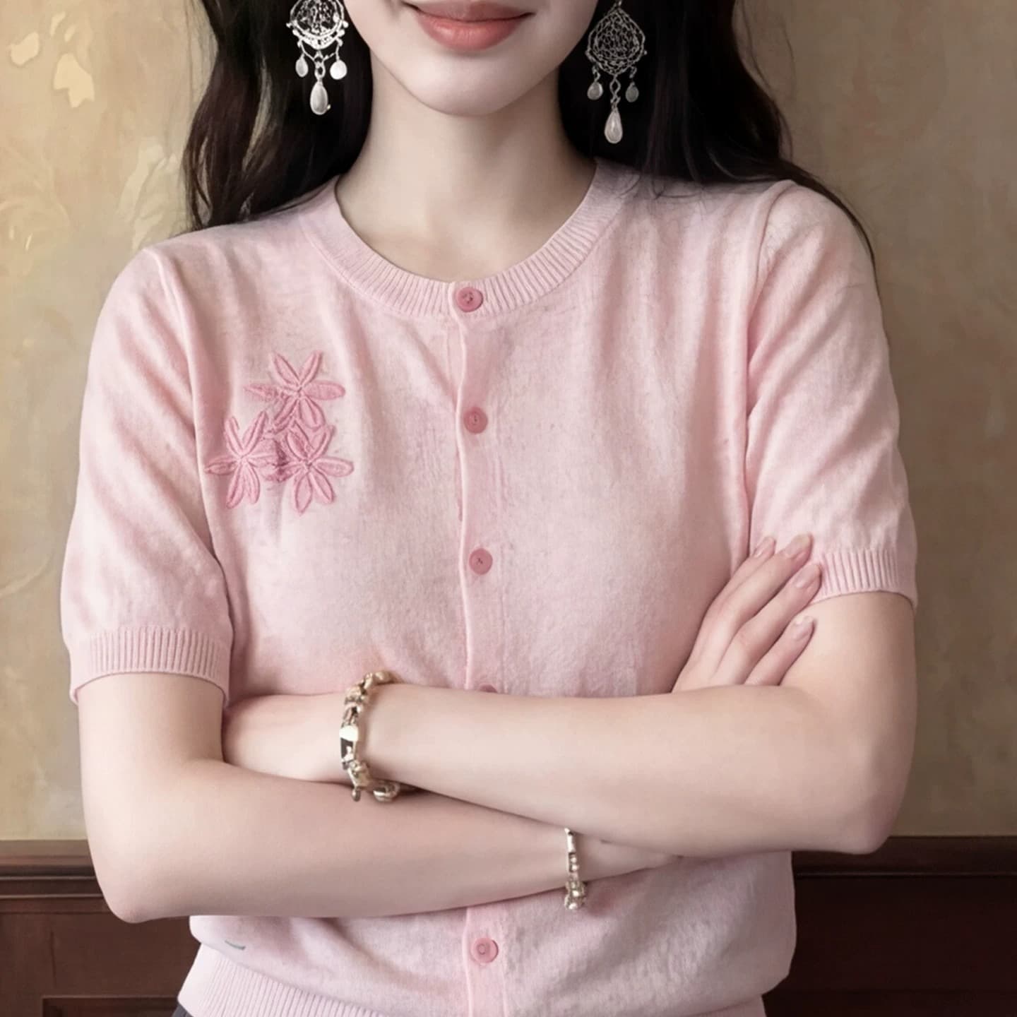 여름 자이언트 잘 생긴 ~ 중 절묘한 디자인 센스 여성 아름다운 핑크색 자카드 니트 긍정적 인 어깨 반팔 티셔츠 맨위 이미지 5