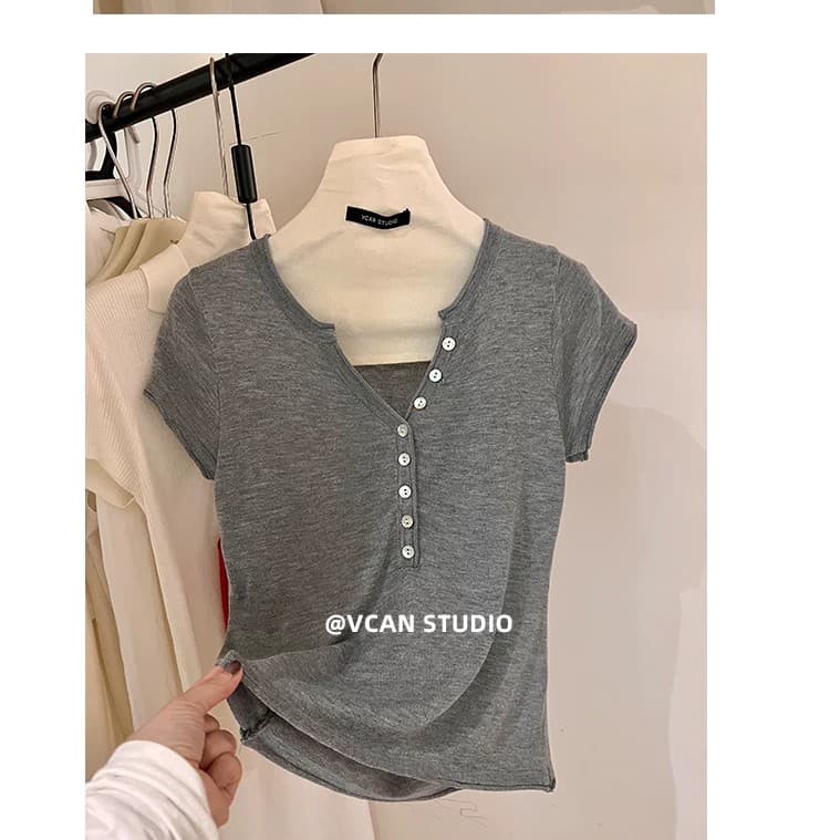 헨리 V넥 니트 티셔츠 여성 여름 얇고 가벼운 몸매 가꾸기 슬림해 보이는 일상 미니멀리즘 한 부서 다용도 반팔 기본 셔츠 맨위 상세 이미지 7