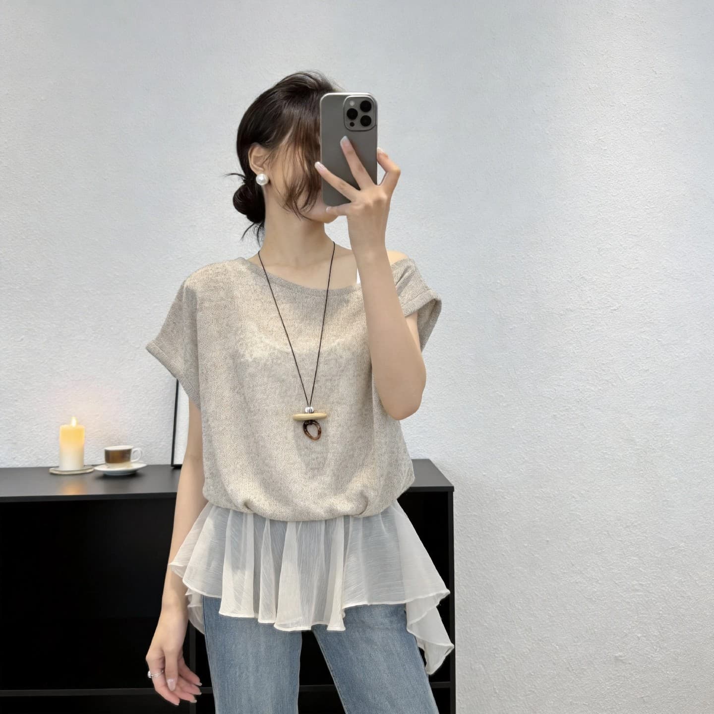 순수한 욕망 바람 오프숄더 반팔 티셔츠 여성 여름 루즈핏 슬림해 보이는 페이크 레이어드 망사 밑단 고유 한 슈퍼 잘 생긴 맨위 상세 이미지 7