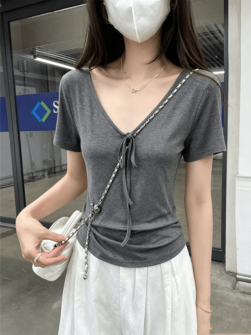 한 부서 어두운 회색 스트랩 u 칼라 대 네클라인 반팔 여성 여름 얇은 스타일 긍정적 인 어깨 몸매 가꾸기 고유 한 티셔츠 상세 이미지 4
