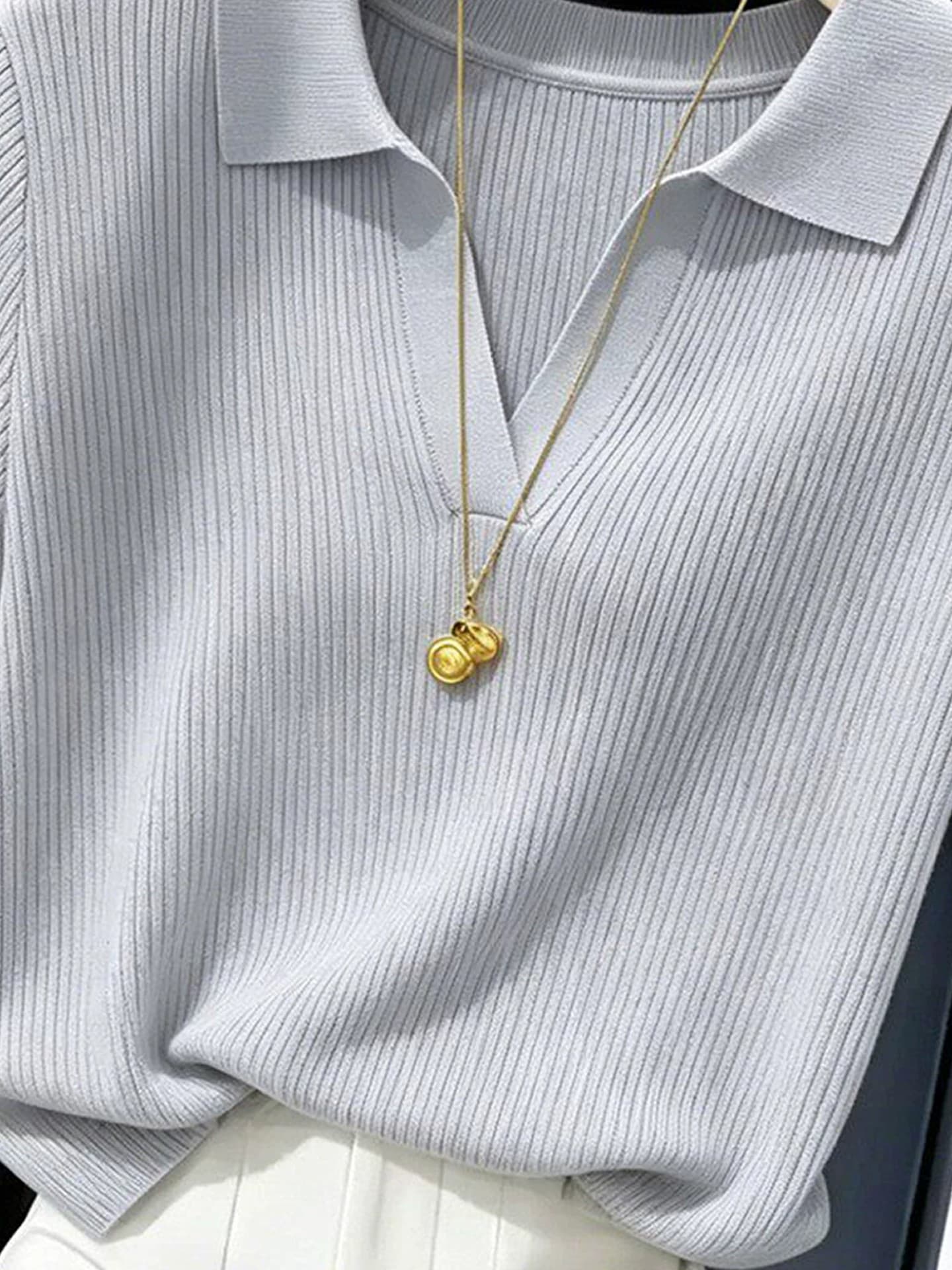 티셔츠 여름 새로운 POLO 칼라 긍정적 인 어깨 반팔 몸매 가꾸기 니트 얇은 스타일 맨위 이미지 4