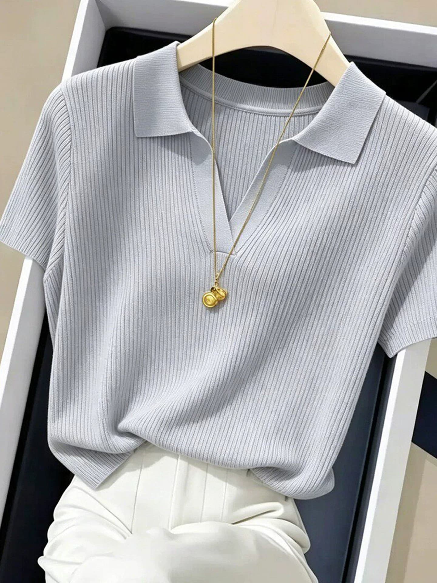티셔츠 여름 새로운 POLO 칼라 긍정적 인 어깨 반팔 몸매 가꾸기 니트 얇은 스타일 맨위 상세 이미지 6