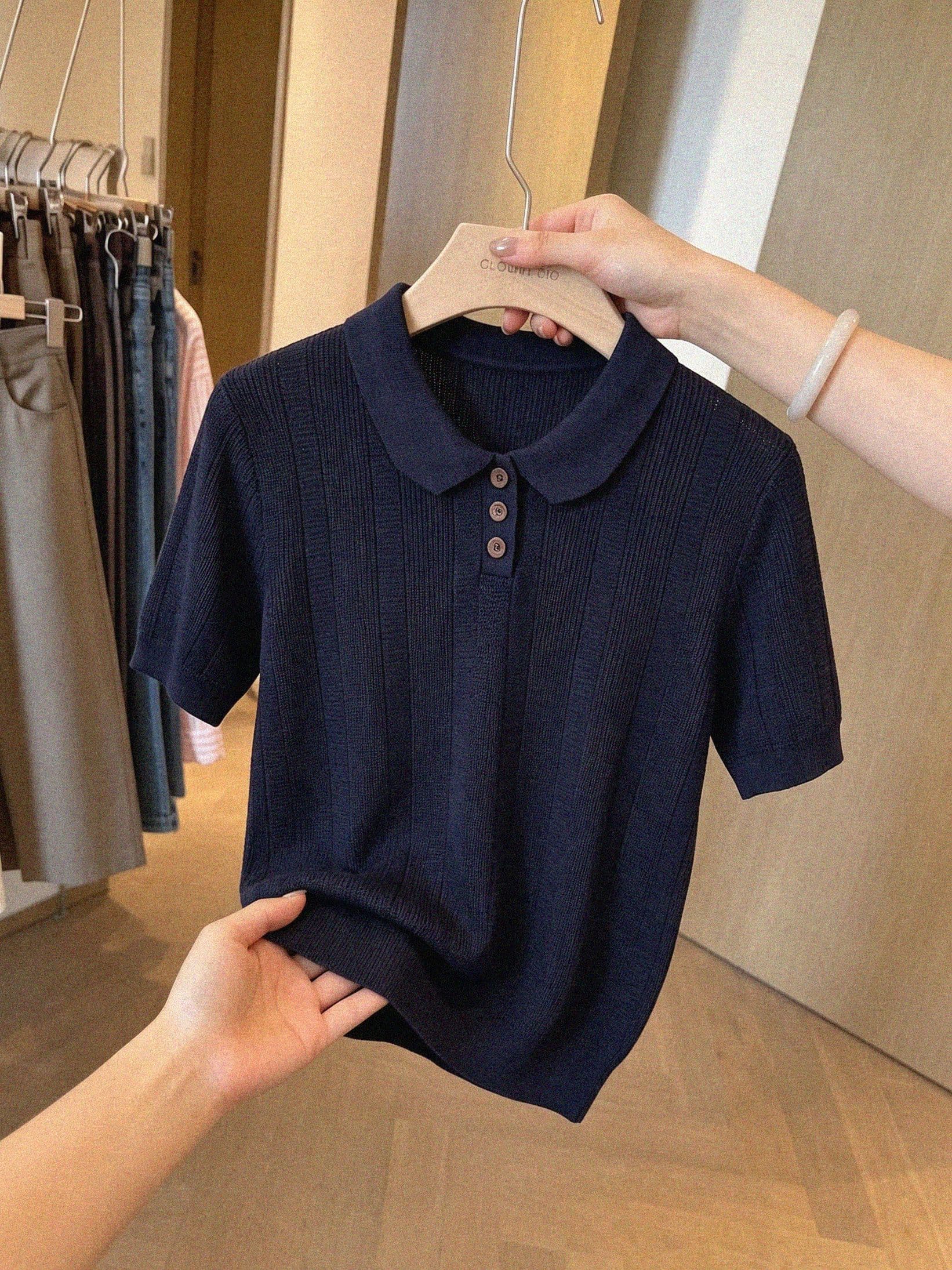 한 부서 polo 폴로 칼라 반팔 니트 스웨터 여성 여름 새로운 얇은 스타일 루즈핏 반소매 다용도 맨위 티셔츠 이미지 3