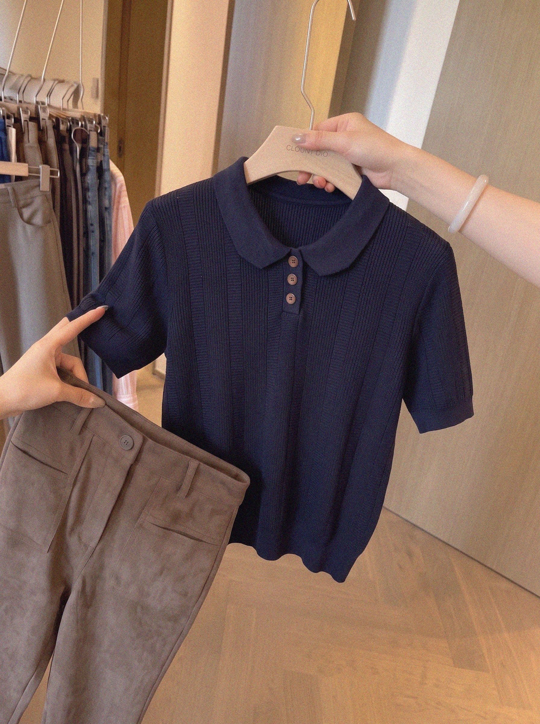 한 부서 polo 폴로 칼라 반팔 니트 스웨터 여성 여름 새로운 얇은 스타일 루즈핏 반소매 다용도 맨위 티셔츠 상세 이미지 2