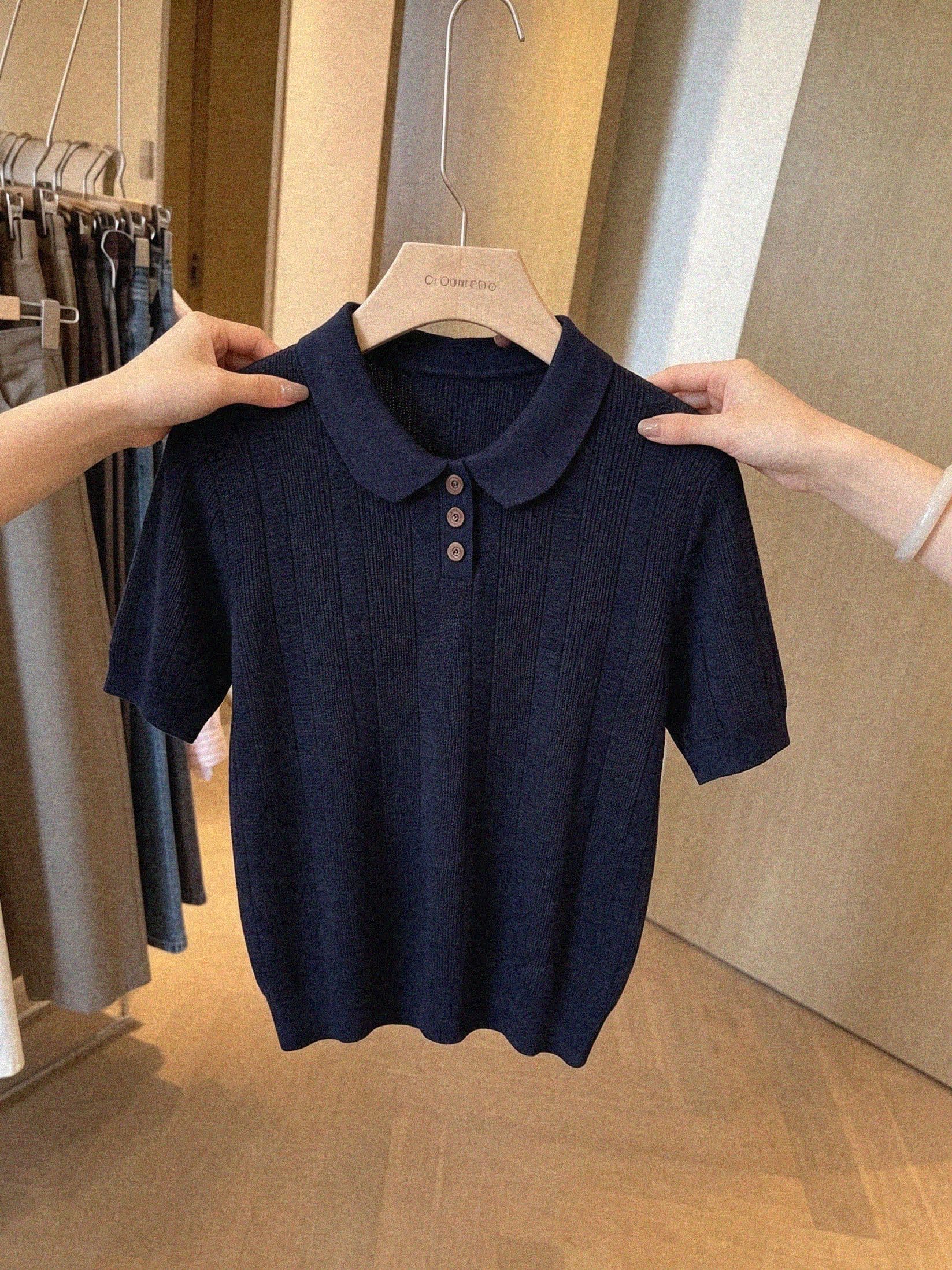 한 부서 polo 폴로 칼라 반팔 니트 스웨터 여성 여름 새로운 얇은 스타일 루즈핏 반소매 다용도 맨위 티셔츠 상세 이미지 4