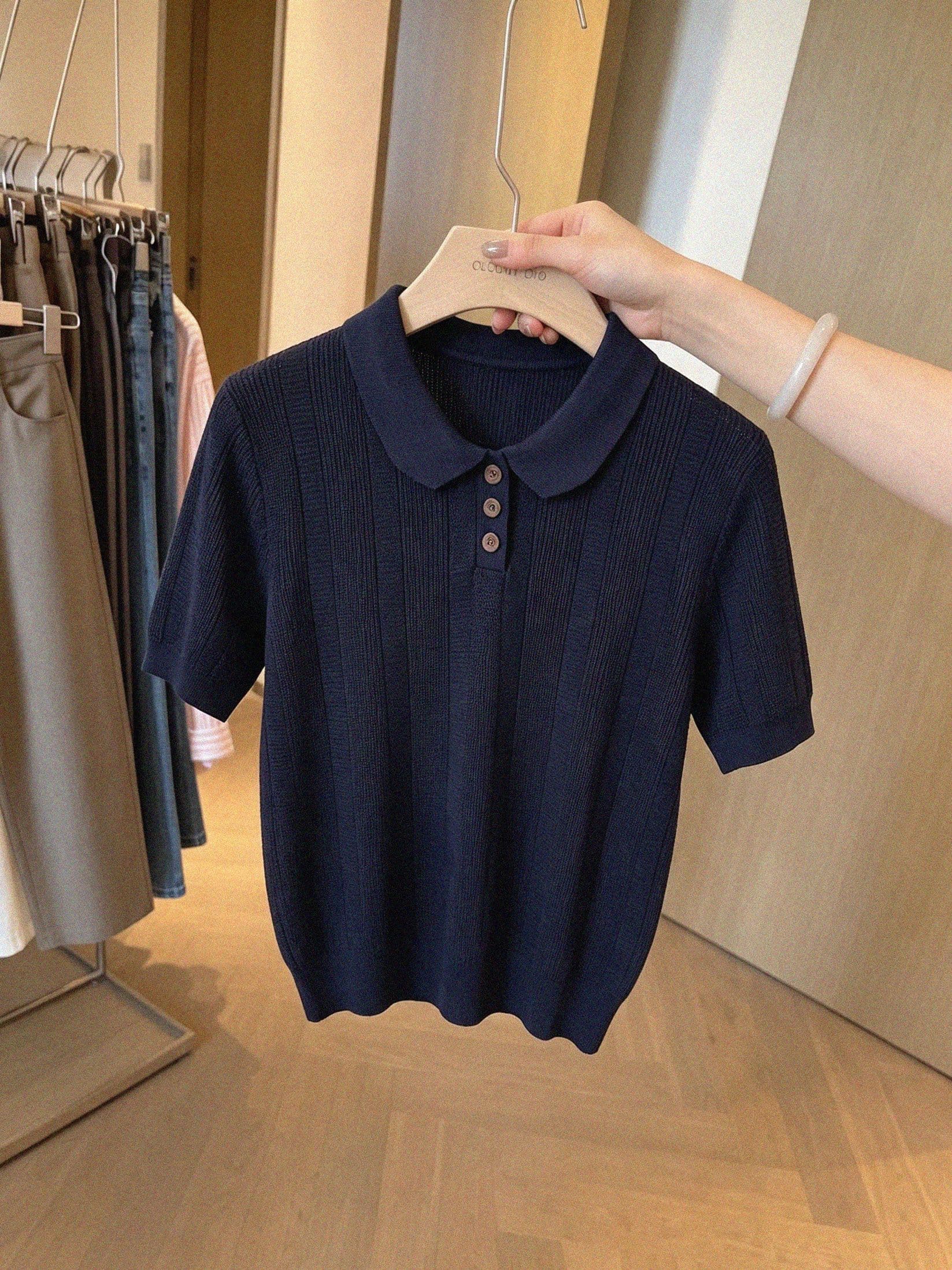 한 부서 polo 폴로 칼라 반팔 니트 스웨터 여성 여름 새로운 얇은 스타일 루즈핏 반소매 다용도 맨위 티셔츠 상세 이미지 5