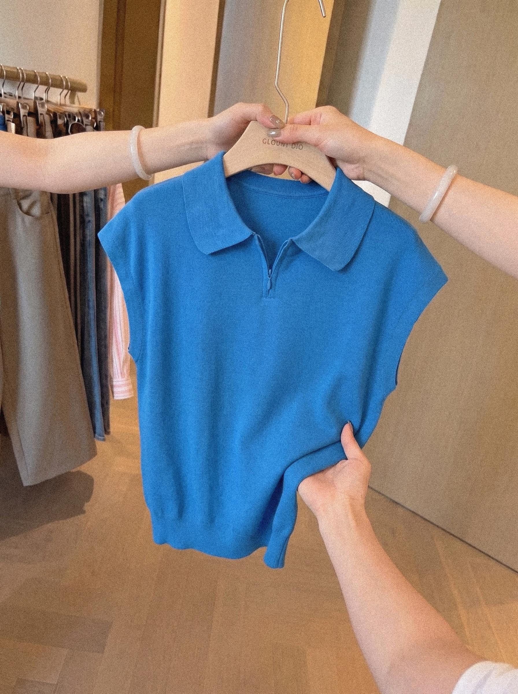 톰 글 래 원인 블루 POLO 칼라 반팔 니트 티셔츠 여성 여름 프랑스식 품격 캐주얼 슬림해 보이는 긍정적 인 어깨 의류 이미지 4