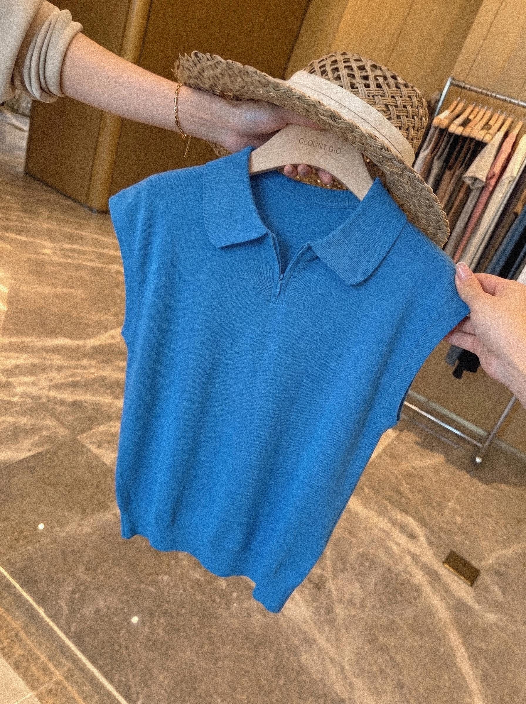 톰 글 래 원인 블루 POLO 칼라 반팔 니트 티셔츠 여성 여름 프랑스식 품격 캐주얼 슬림해 보이는 긍정적 인 어깨 의류 상세 이미지 3
