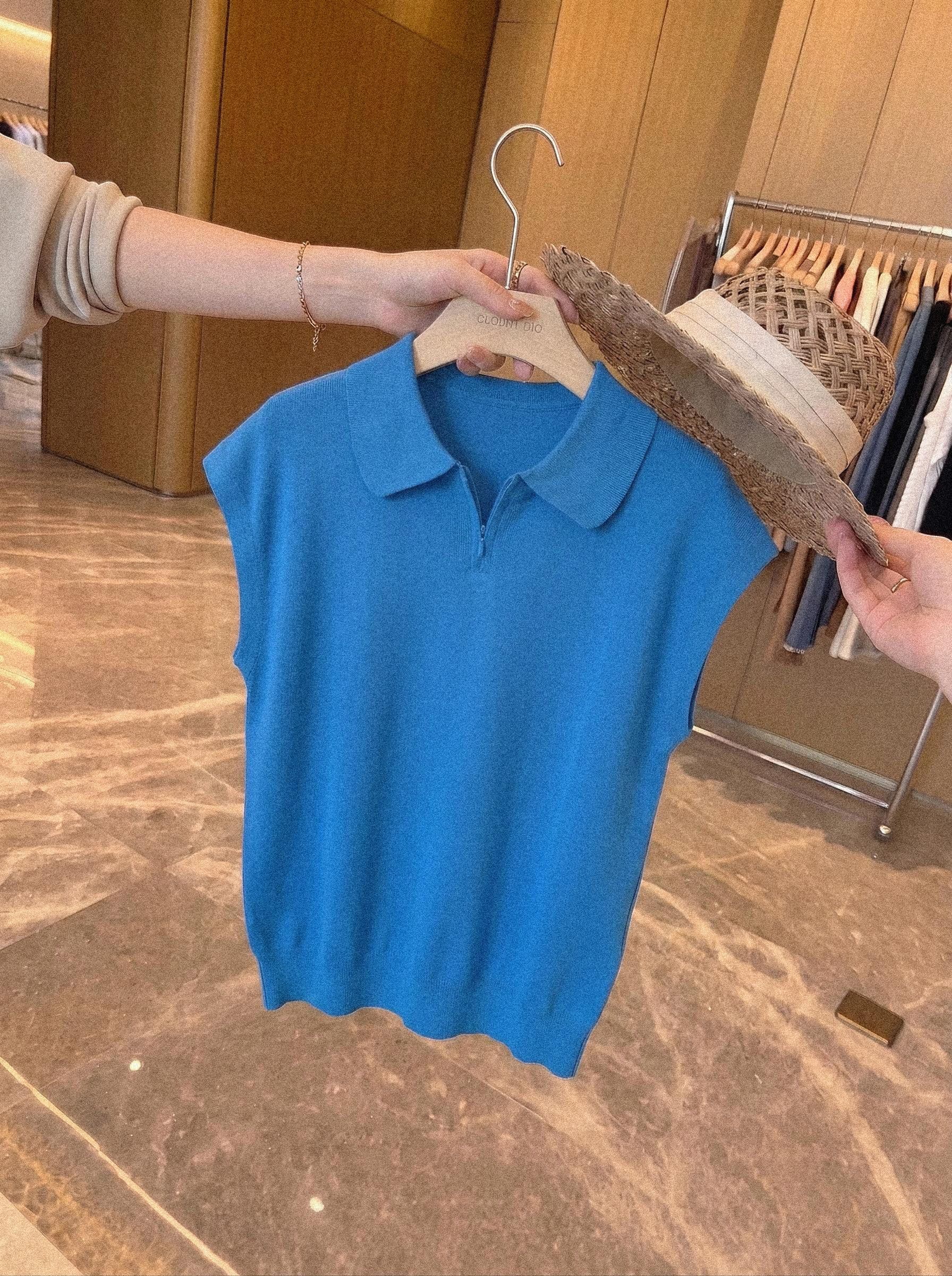 톰 글 래 원인 블루 POLO 칼라 반팔 니트 티셔츠 여성 여름 프랑스식 품격 캐주얼 슬림해 보이는 긍정적 인 어깨 의류 상세 이미지 4