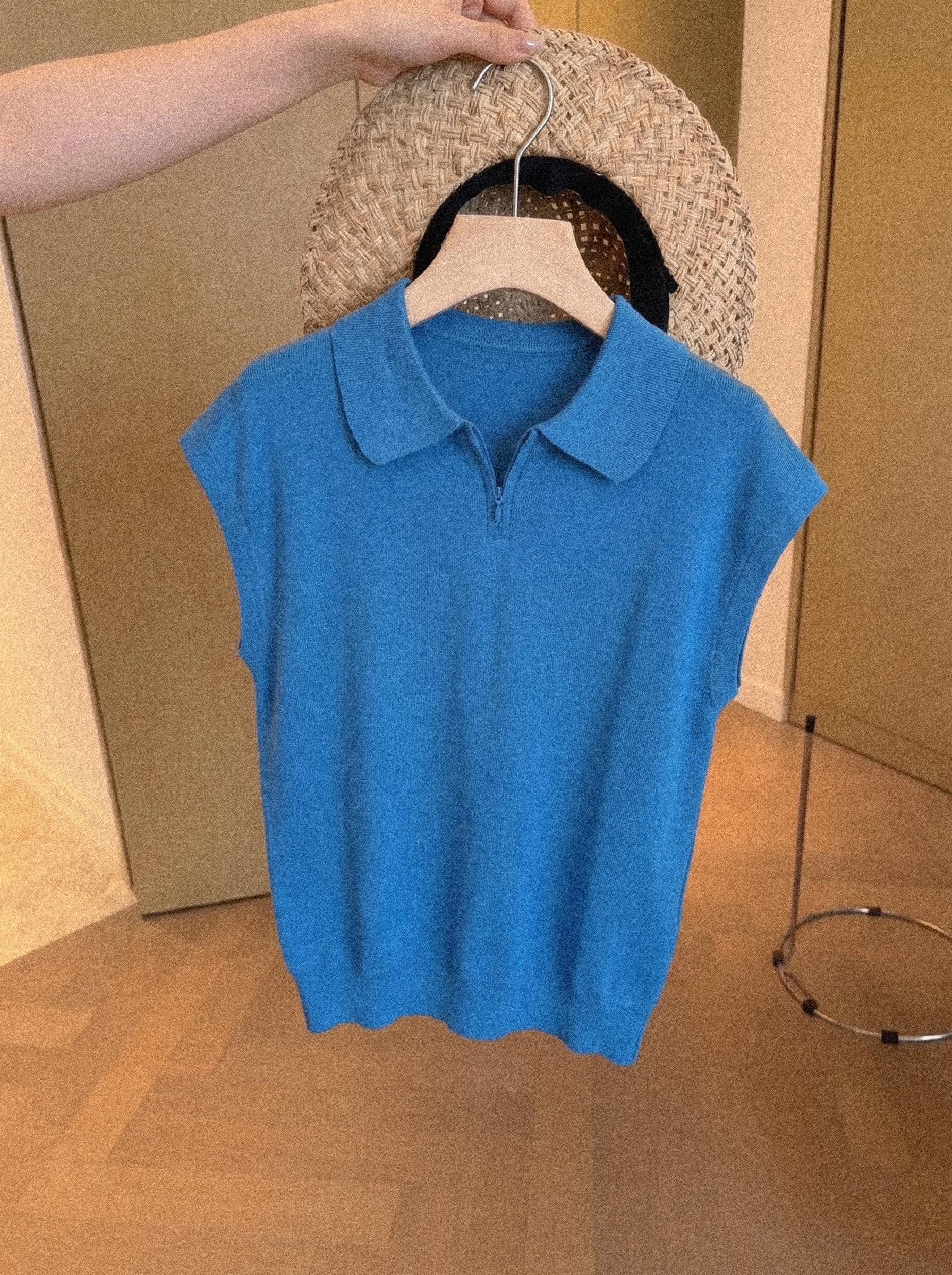 톰 글 래 원인 블루 POLO 칼라 반팔 니트 티셔츠 여성 여름 프랑스식 품격 캐주얼 슬림해 보이는 긍정적 인 어깨 의류 상세 이미지 5