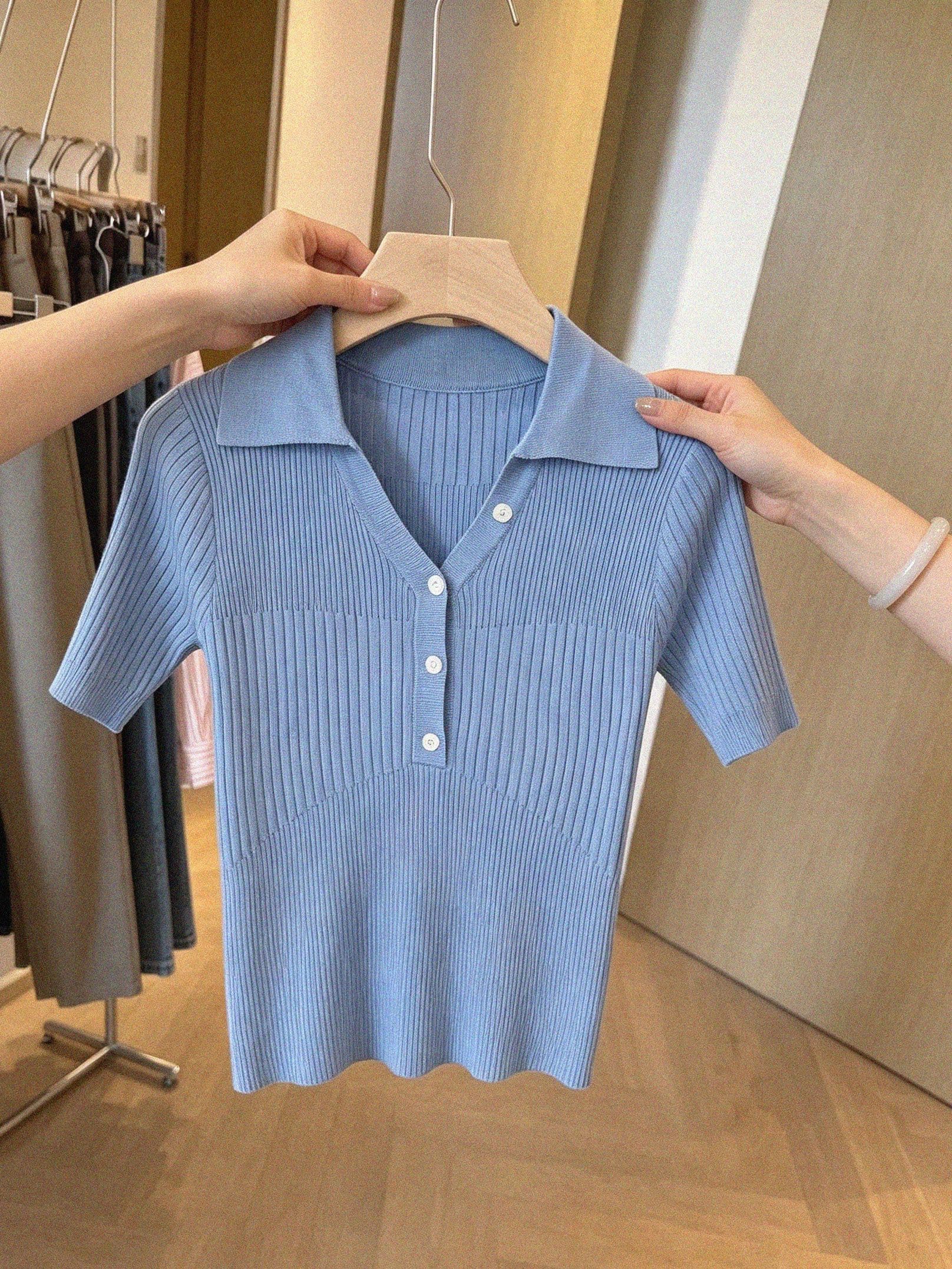 프랑스식 파란색 POLO 칼라 긍정적 인 어깨 반팔 티셔츠 여성 여름 몸매 가꾸기 슬림해 보이는 니트 스웨터 외국 가스 고유 한 Chic 맨위 상세 이미지 3