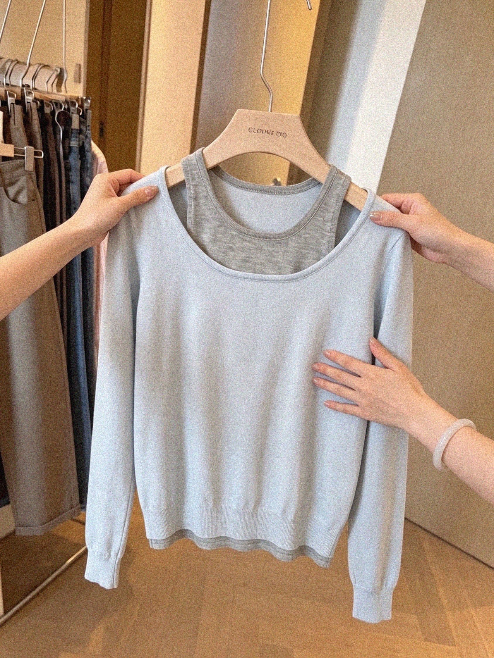 한 부서 파란색 투피스 세트 비스듬한 어깨 낮은 네크라인 긴팔 니트 스웨터 여성 봄 가을 chic 착용 가져 가라. Chic 루즈핏 맨위 상세 이미지 6