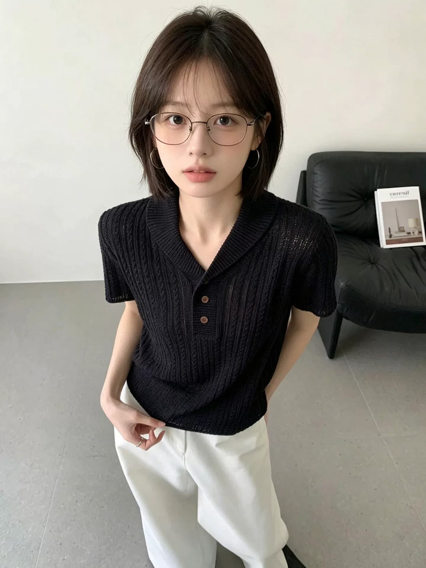 오래된 돈 바람 꽈배기 폴로 칼라 얼음 실크 니트 스웨터 긍정적 인 어깨 반팔 티셔츠 여성 여름 고급 사소한 V넥 polo 맨위 상세 이미지 6