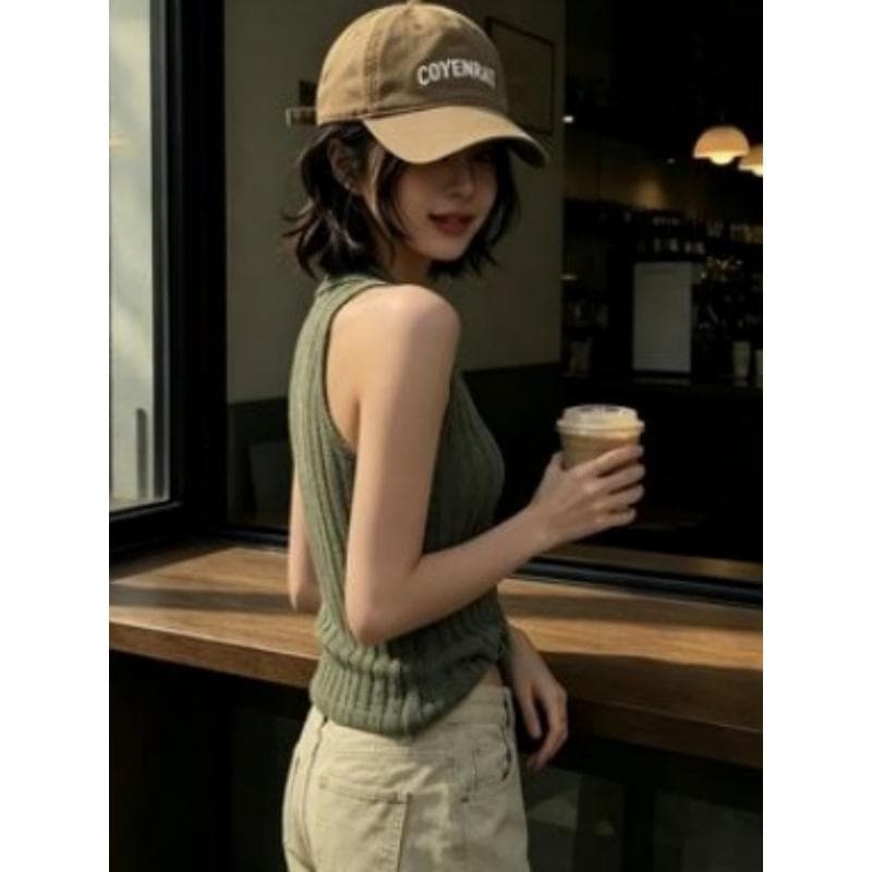 아메리칸 질감 센스 행침 목 니트 슬립 새로운 여성 단색 몸매 가꾸기 이슬 허리 민소매 어깨 출퇴근 외출용 조끼 상세 이미지 4