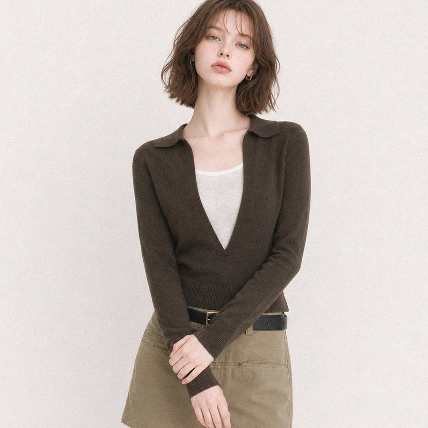 나가라. 외국 가스 페이크 레이어드 깊은 V 넥 작은 셔츠 올리브 그린 긴팔 니트 스웨터 여성 의류 가을 디자인 작은 대중 옷 이미지 5