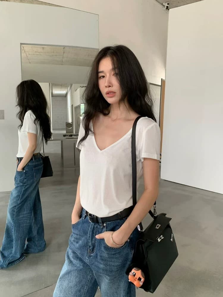 한 부서 V넥 레이스 조각 반팔 티셔츠 여성 여름 고유 한 아름다운 전후 둘 착용 긍정적 인 어깨 백리스 맨위 이미지 3