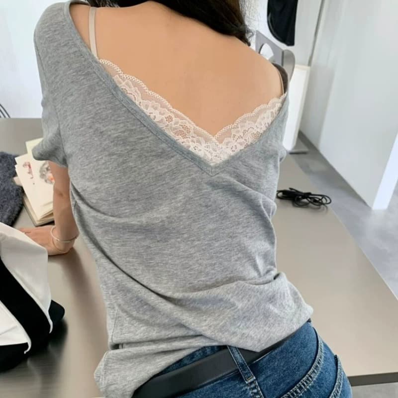 한 부서 V넥 레이스 조각 반팔 티셔츠 여성 여름 고유 한 아름다운 전후 둘 착용 긍정적 인 어깨 백리스 맨위 이미지 5