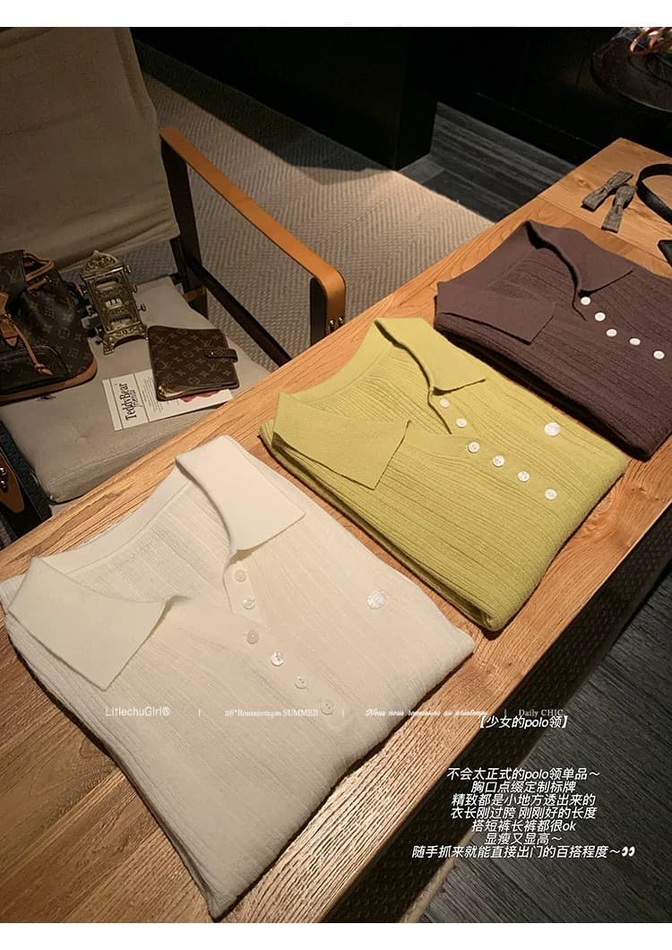주 추 소녀 ~ 중 POLO 칼라 부드러운 찹쌀 연령 감소 니트 스웨터 여성 가을 느긋한 슬림해 보이는 긴팔 맨위 상세 이미지 2