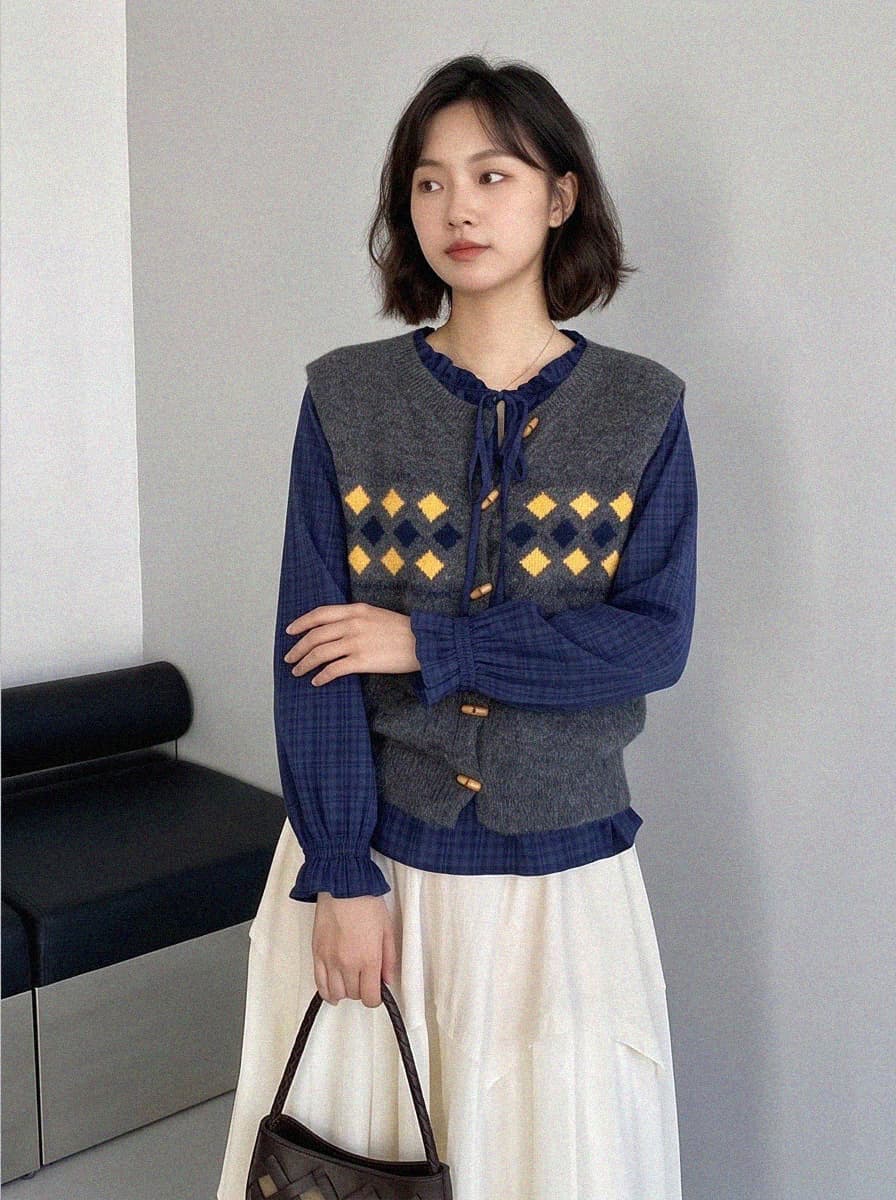 프랑스식 레트로 회색 링 그리드 베스트 조끼 여성 가을 겨울 디자인 센스 배색 외부 가져 가라. 스택 착용 셔츠 꽈배기 스웨터 이미지 2