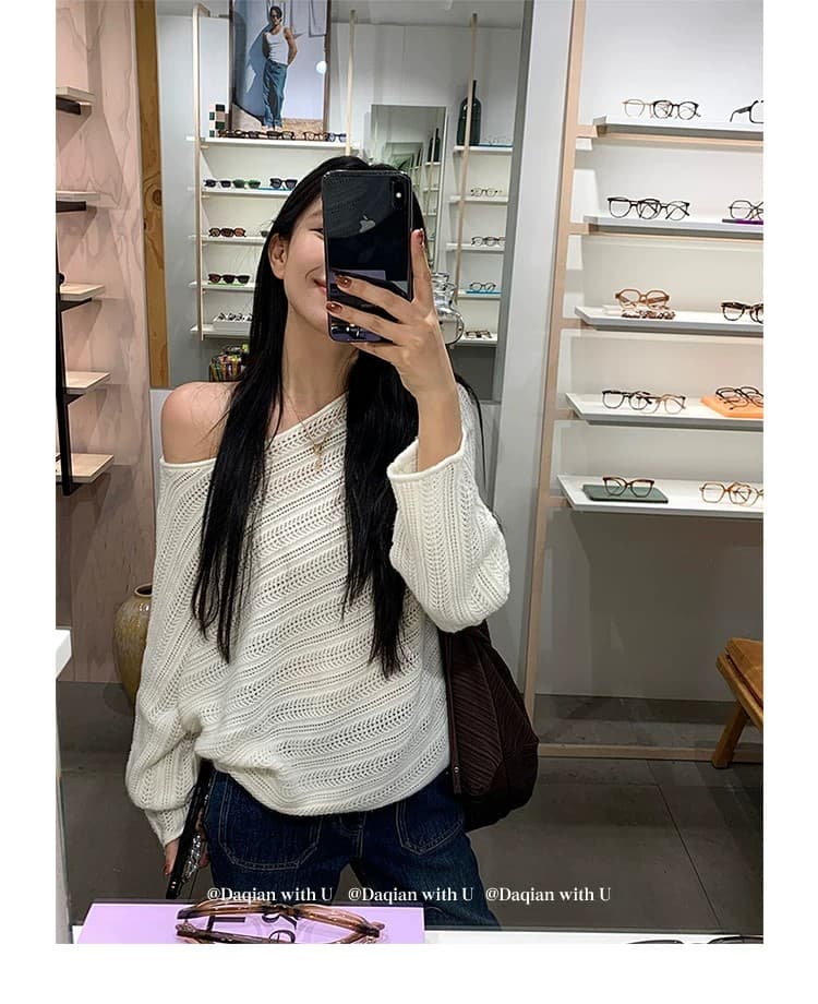 daqianwithu 화이트 소나무 이슬 양모 홀로우 아웃 짜임 느슨함 센스 슬림해 보이는 풀오버