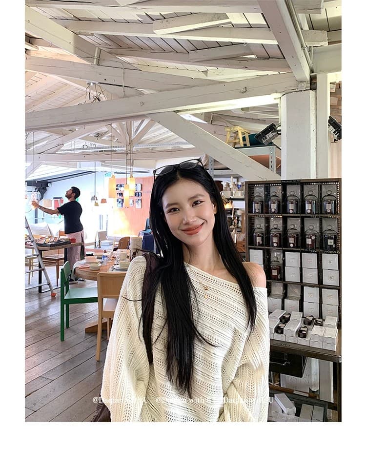daqianwithu 화이트 소나무 이슬 양모 홀로우 아웃 짜임 느슨함 센스 슬림해 보이는 풀오버 상세 이미지 2