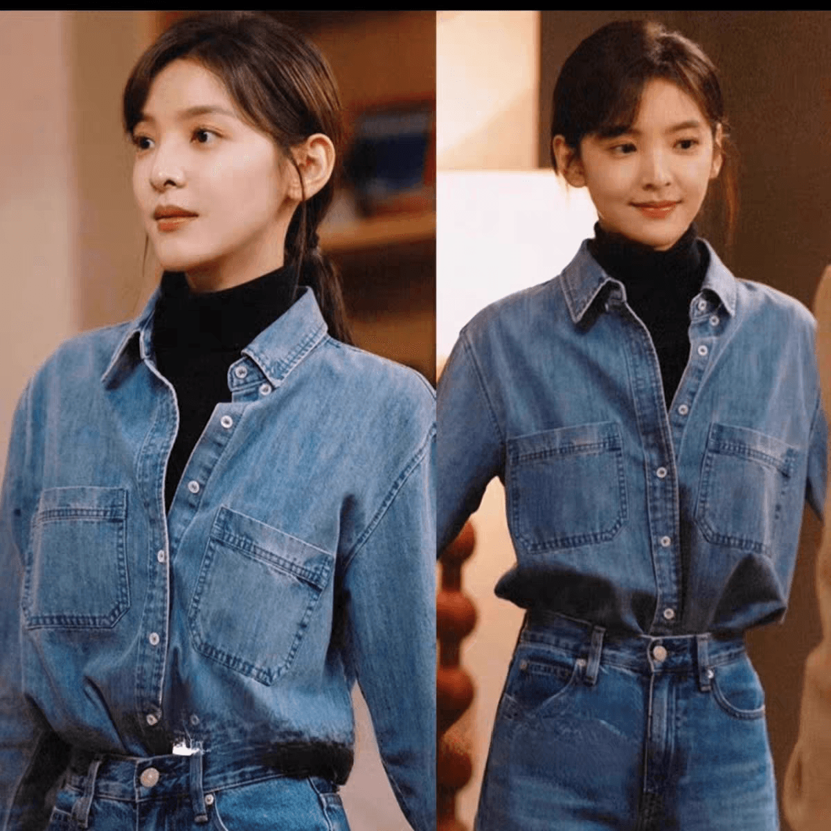 스타 챕터 만약 난 같은 단락 한국 스타일 외출용 인사이드 가져 가라. 봄 가을 데님 셔츠 깊은 얕은 2 가지 색상 들어 선택 이미지 4