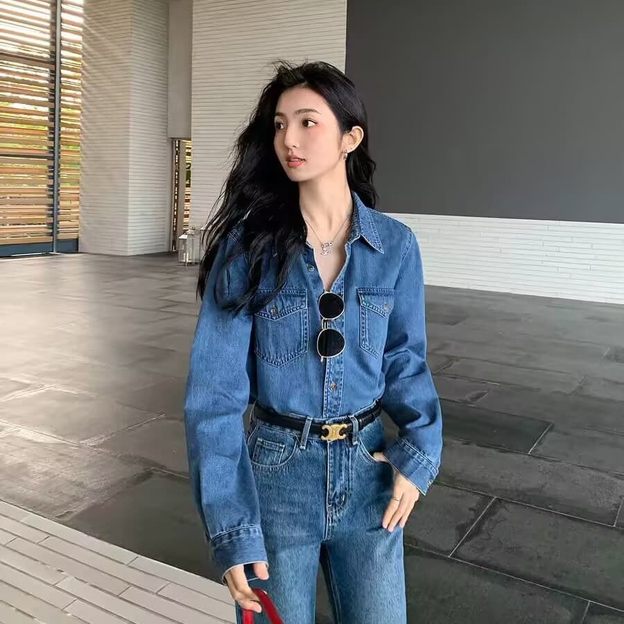 mulvan 파란색 레트로 순면 데님 여성 셔츠 봄 새로운 루즈핏 캐주얼 셔츠 긴팔 맨위