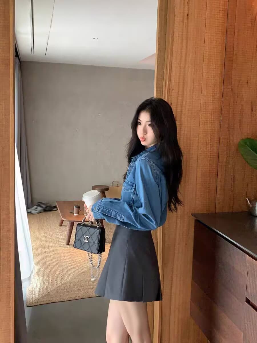 mulvan 파란색 레트로 순면 데님 여성 셔츠 봄 새로운 루즈핏 캐주얼 셔츠 긴팔 맨위 상세 이미지 2