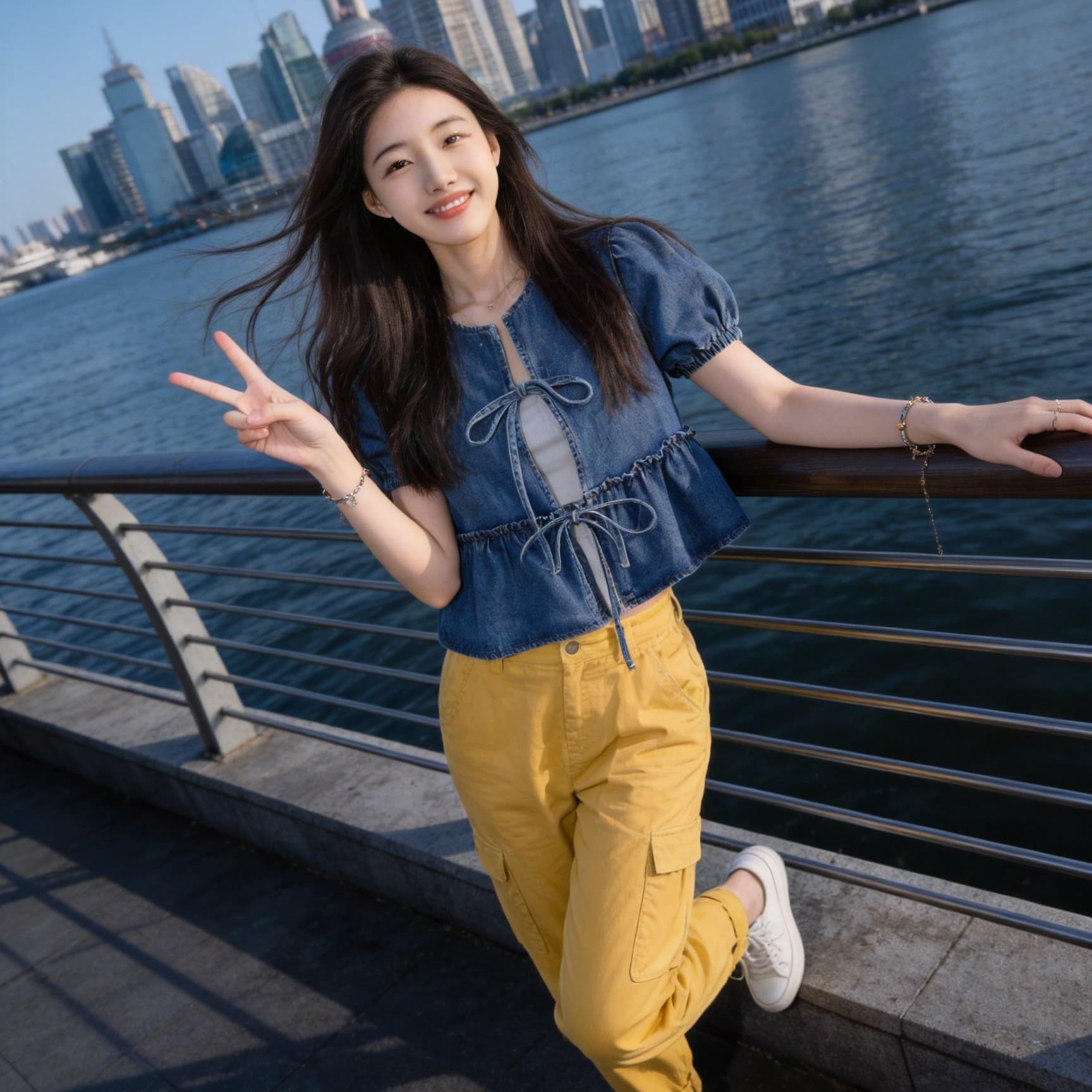 스타 세대 S 같은 단락 패션 다용도 슬림해 보이는 나비 매듭 거품 소매 루즈핏 데님 반팔 맨위 상세 이미지 2