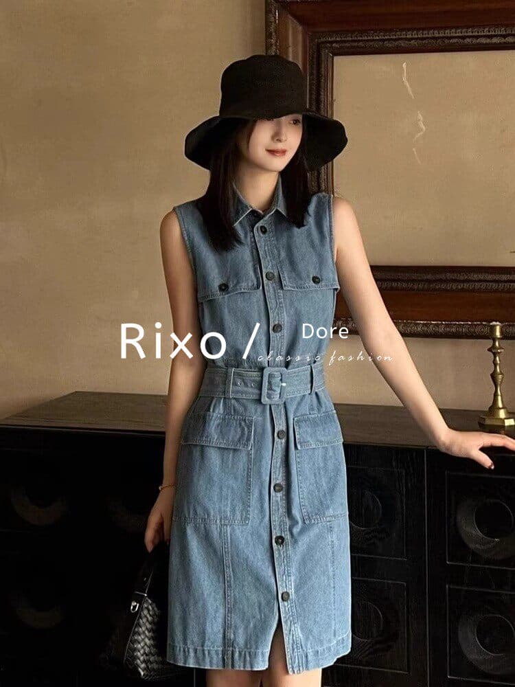 rixo dore 프랑스식 고급 센스 미니멀리즘 허리 수축 슬림해 보이는 품격 데님 드레스 작은 키 조끼 스커트 여성 이미지 4
